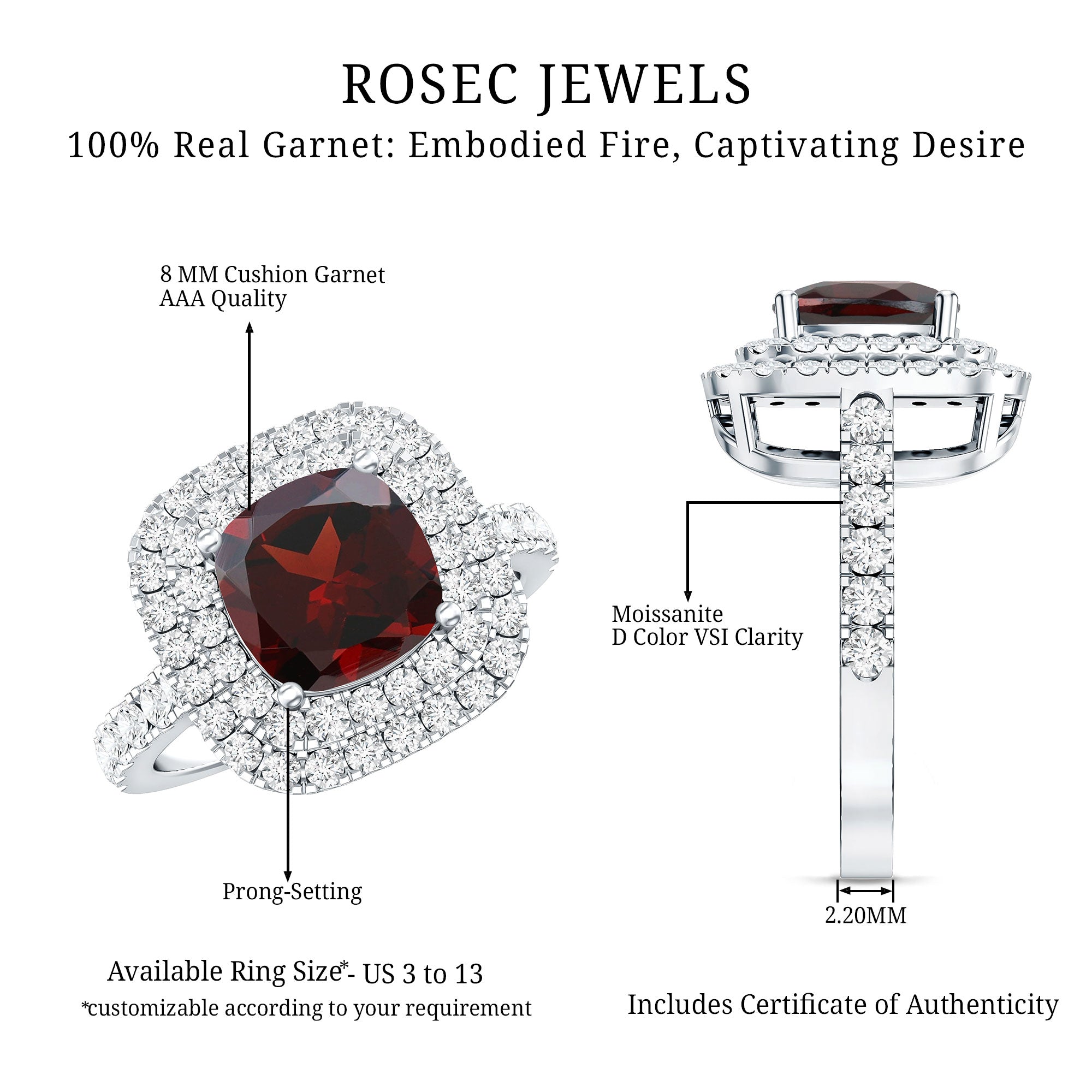 Natural Garnet Double Halo Engagement Ring with Moissanite AAA - Rosec Jewels