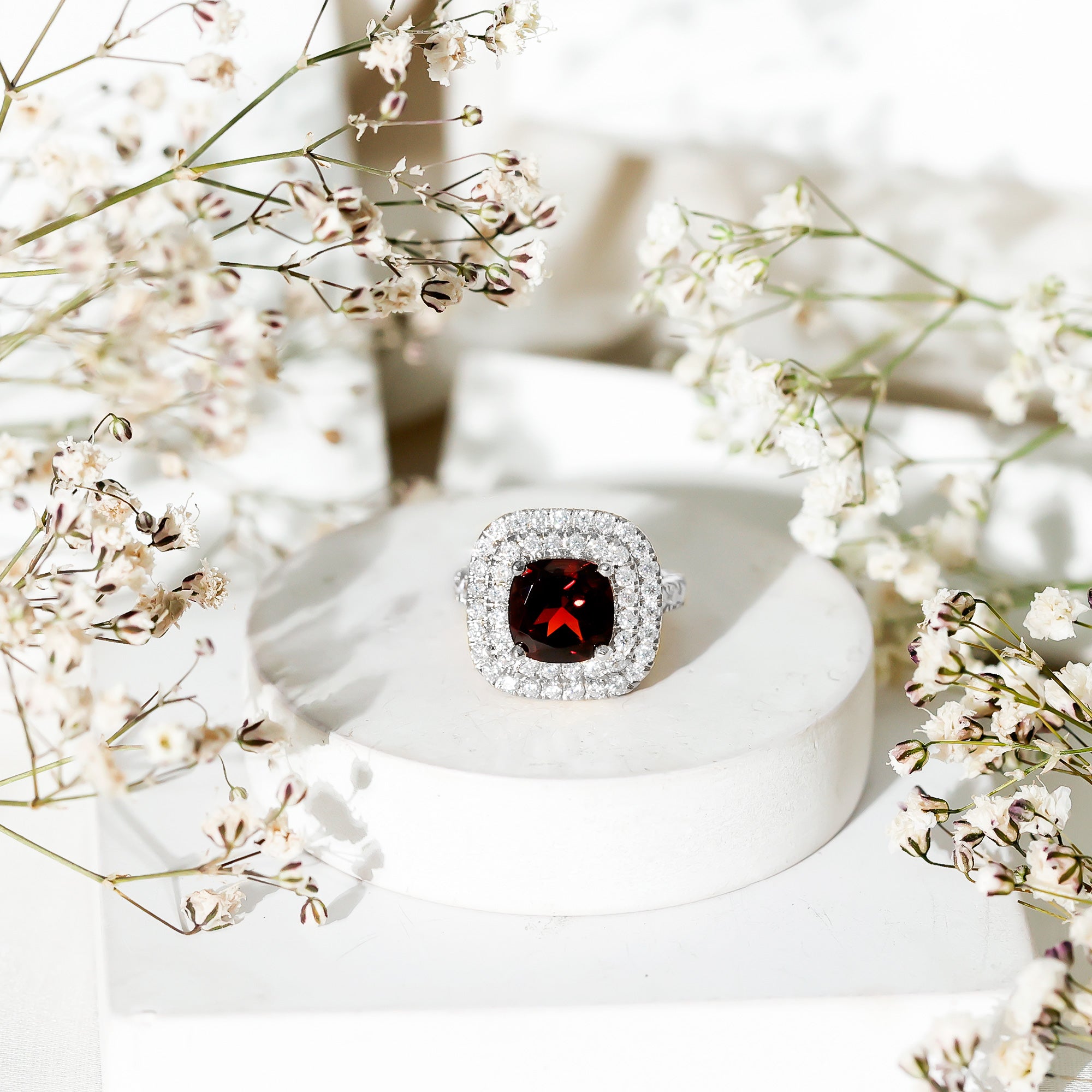 Natural Garnet Double Halo Engagement Ring with Moissanite AAA - Rosec Jewels
