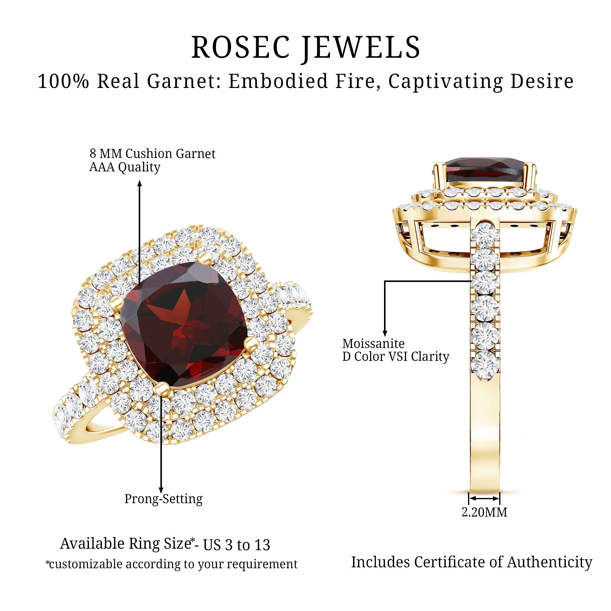Natural Garnet Double Halo Engagement Ring with Moissanite AAA - Rosec Jewels