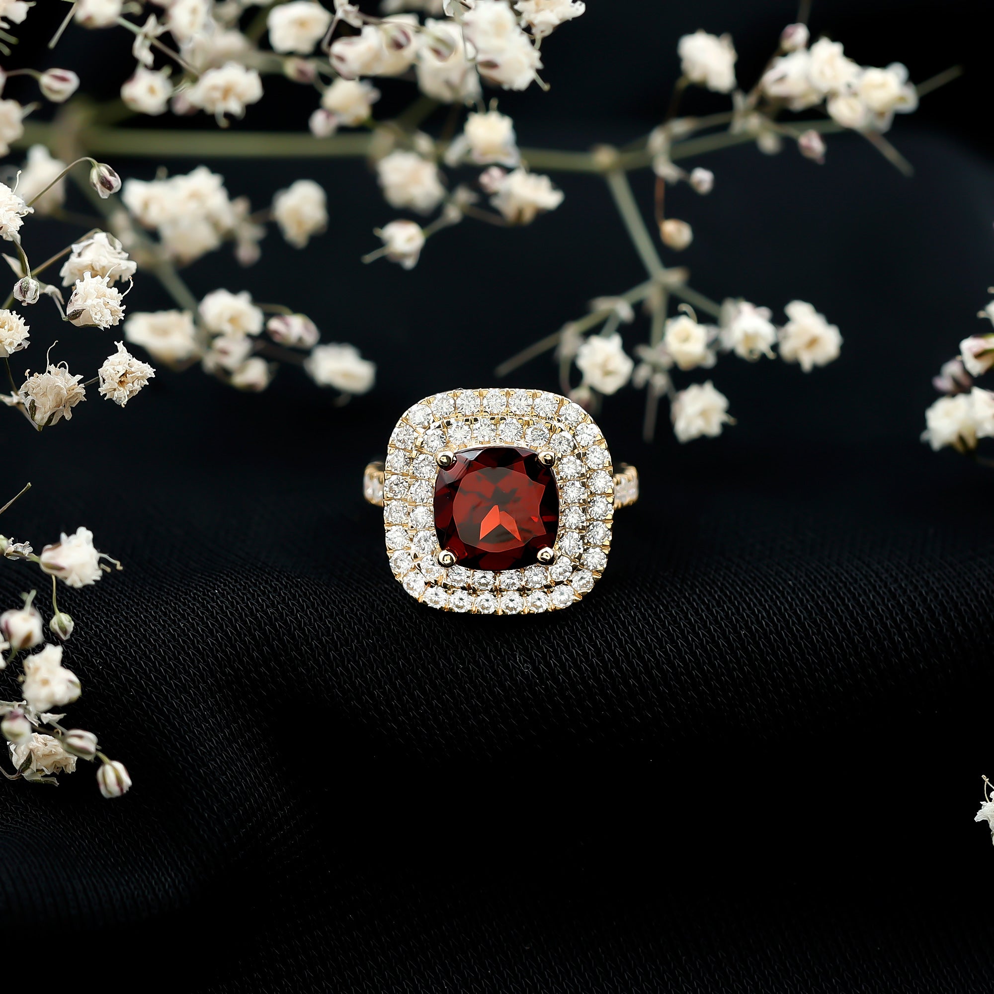 Natural Garnet Double Halo Engagement Ring with Moissanite AAA - Rosec Jewels