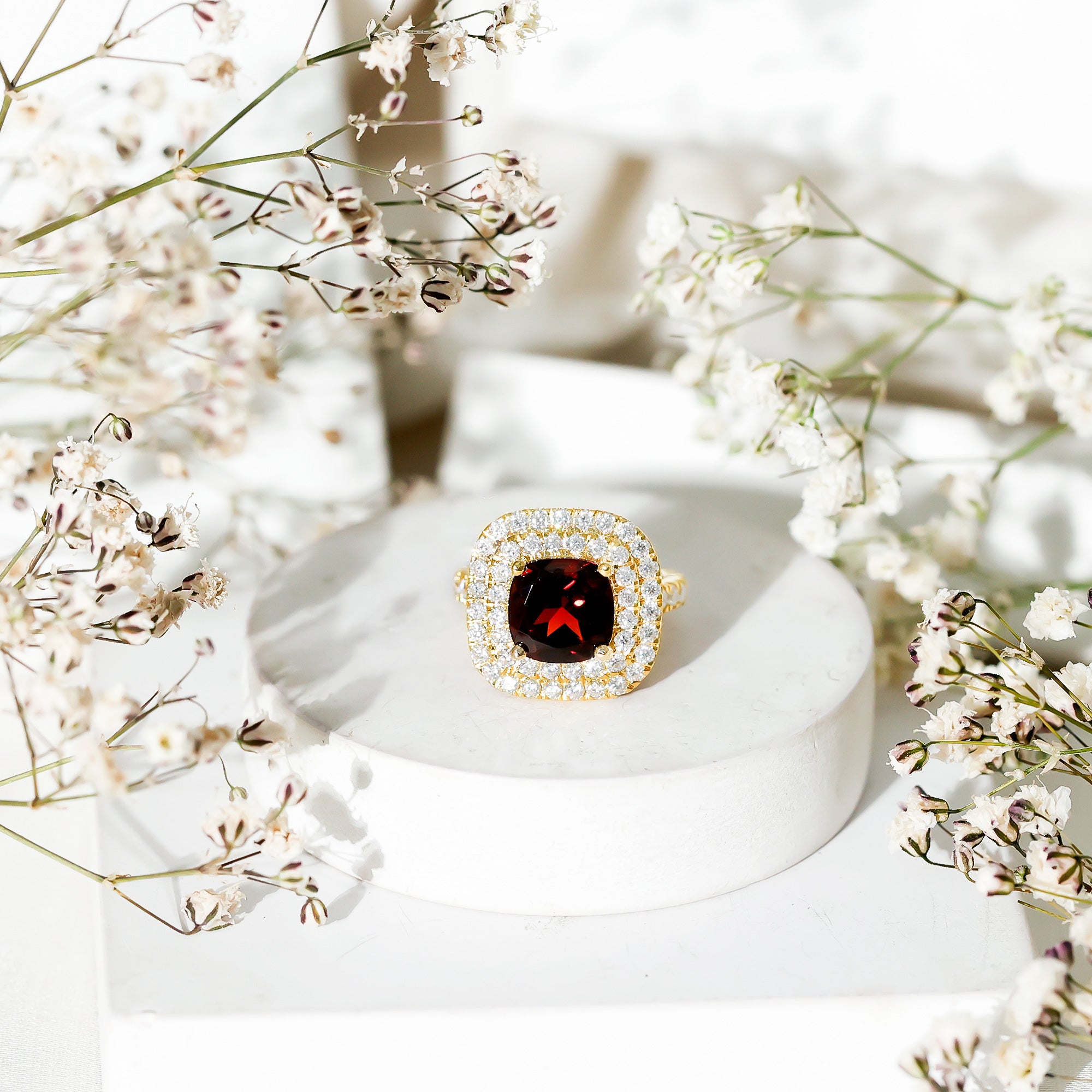 Natural Garnet Double Halo Engagement Ring with Moissanite AAA - Rosec Jewels