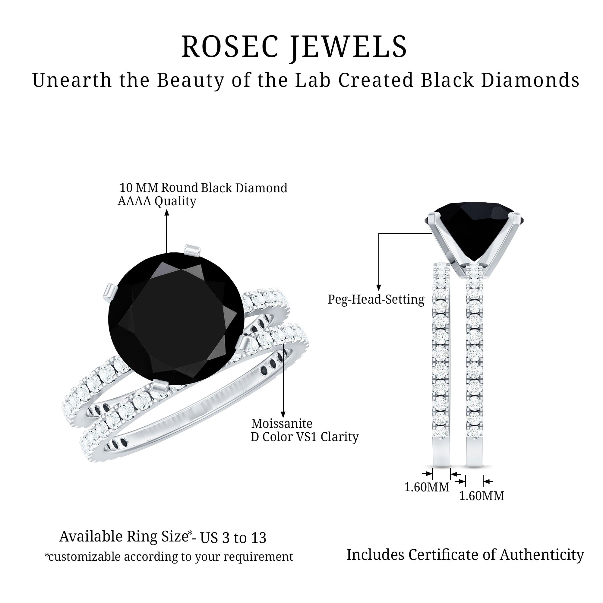 Certified 4.5 Carat Lab Grown Black Diamond Engagement Ring with Moissanite Wedding Band AAAA ( Synthetic ) - Rosec Jewels