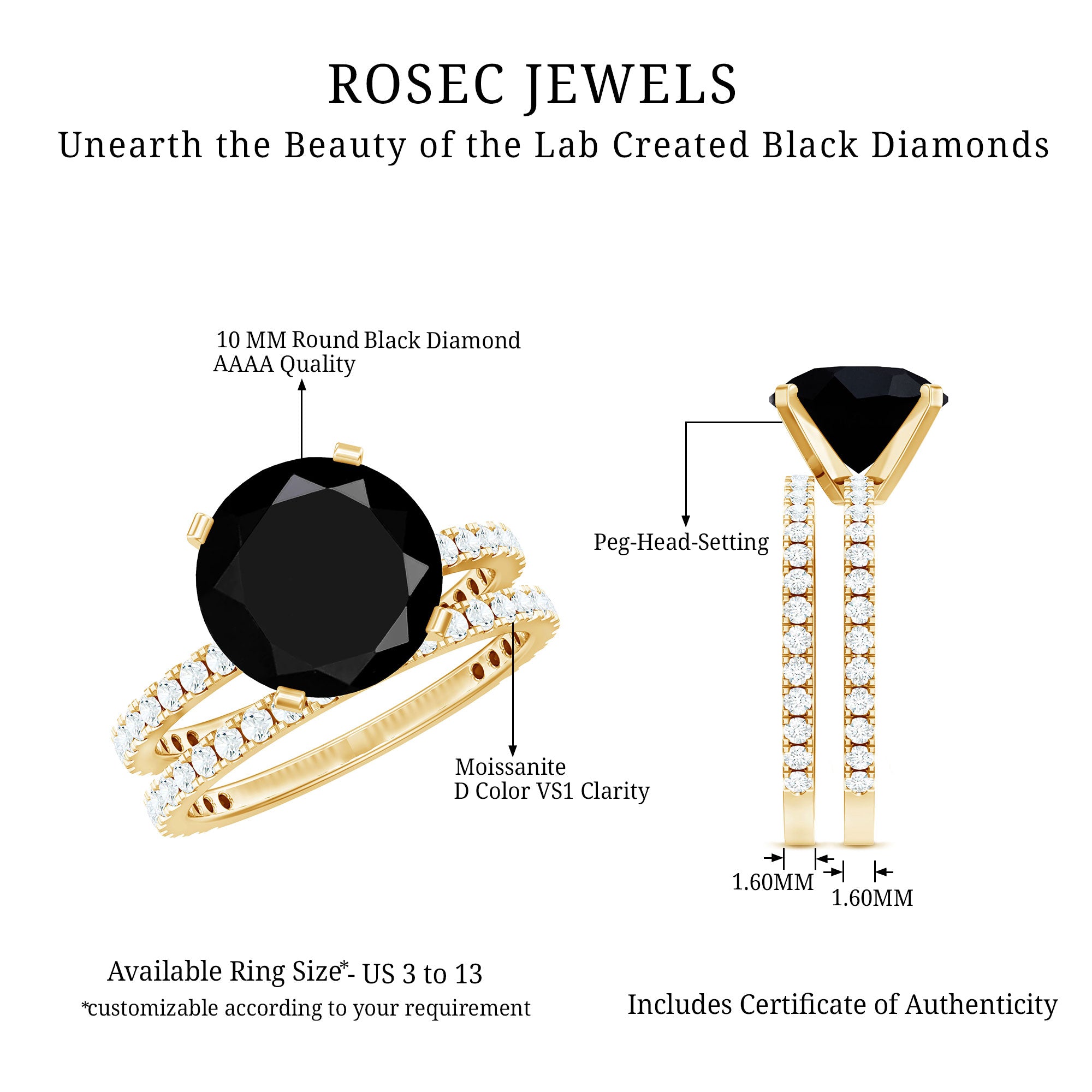 Certified 4.5 Carat Lab Grown Black Diamond Engagement Ring with Moissanite Wedding Band AAAA ( Synthetic ) - Rosec Jewels