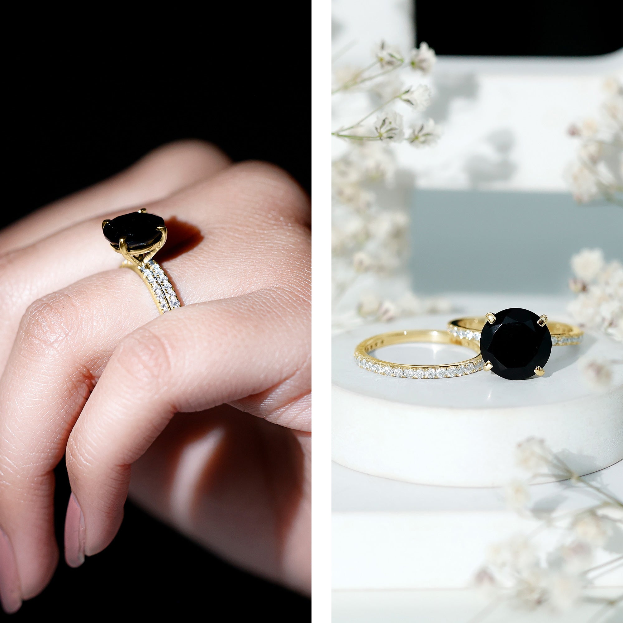 Certified 4.5 Carat Lab Grown Black Diamond Engagement Ring with Moissanite Wedding Band AAAA ( Synthetic ) - Rosec Jewels
