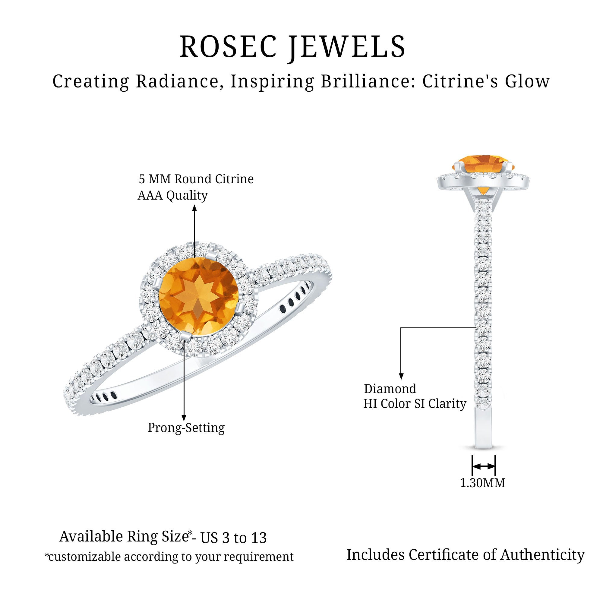 Round Cut Citrine and Diamond Classic Engagement Ring AAA - Rosec Jewels