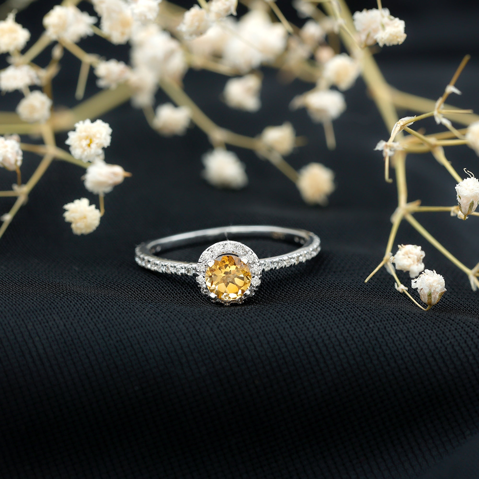 Round Cut Citrine and Diamond Classic Engagement Ring AAA - Rosec Jewels