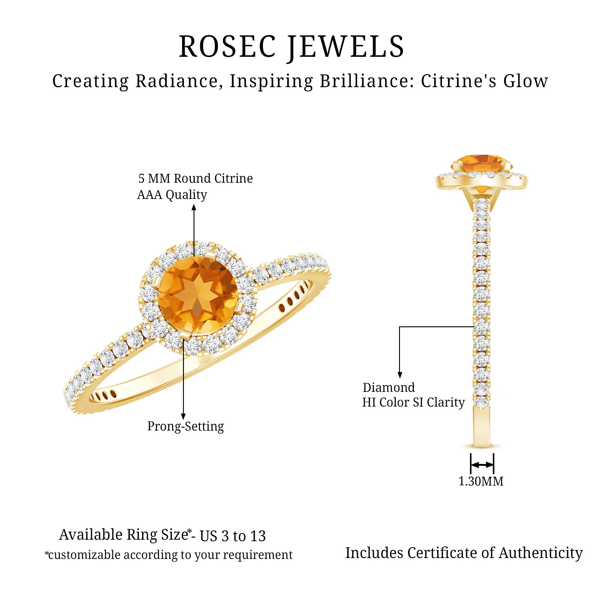 Round Cut Citrine and Diamond Classic Engagement Ring AAA - Rosec Jewels