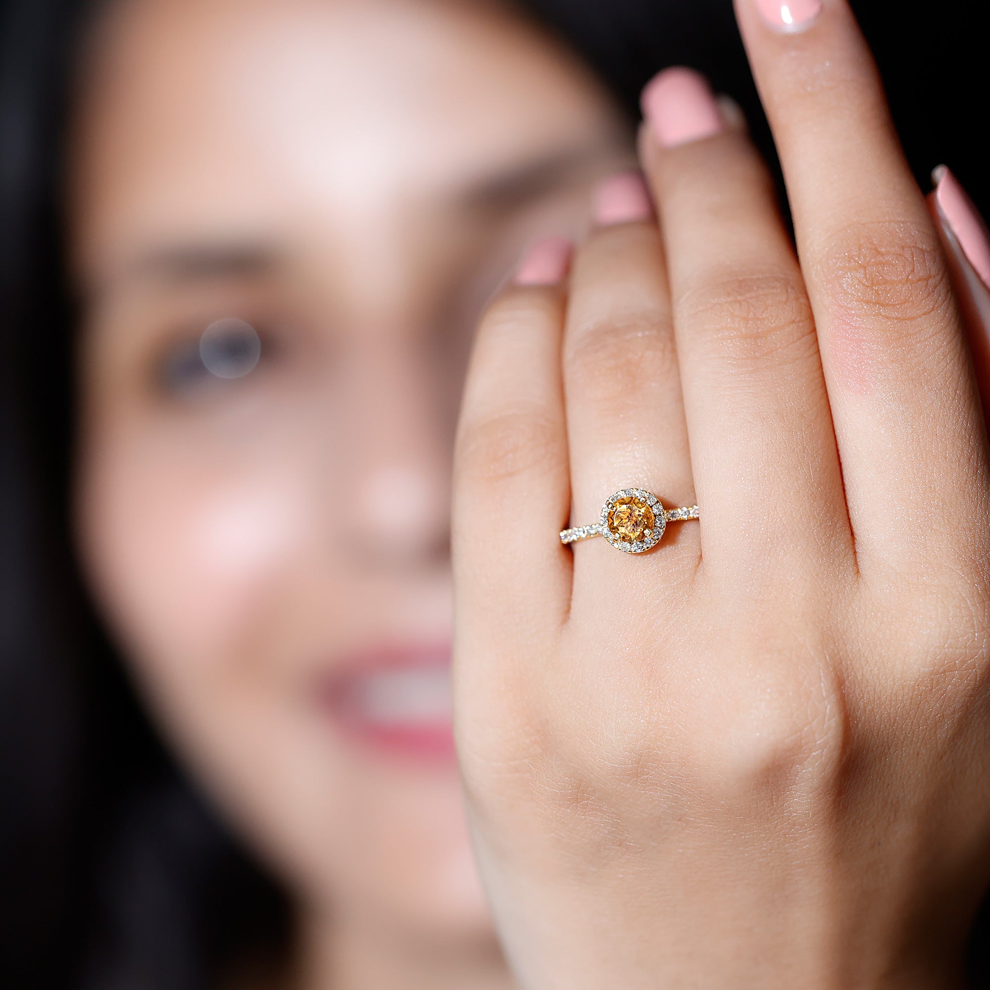 Round Cut Citrine and Diamond Classic Engagement Ring AAA - Rosec Jewels