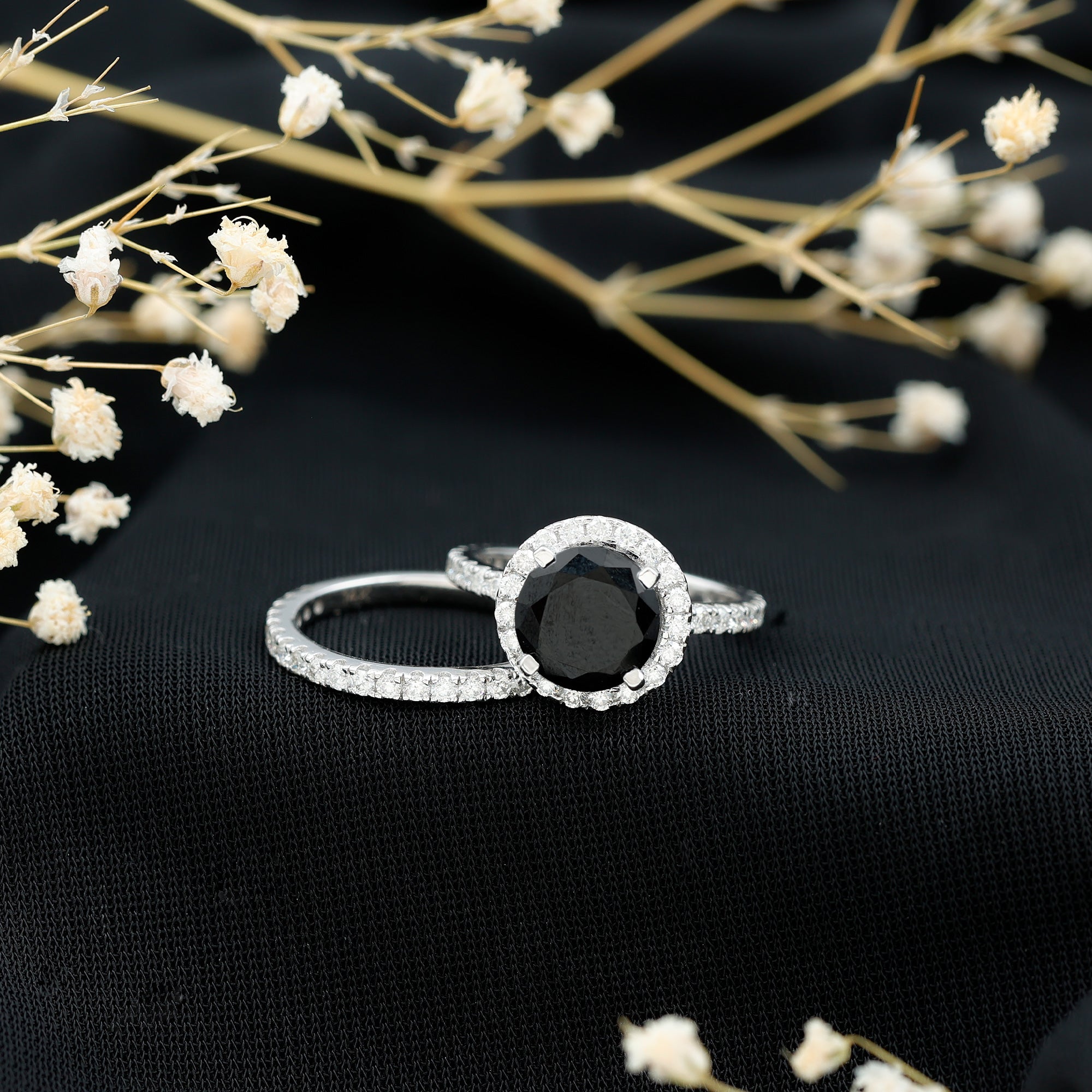 2 Carat Lab Grown Black Diamond Engagement Ring with Moissanite Wedding Band AAAA ( Synthetic ) - Rosec Jewels