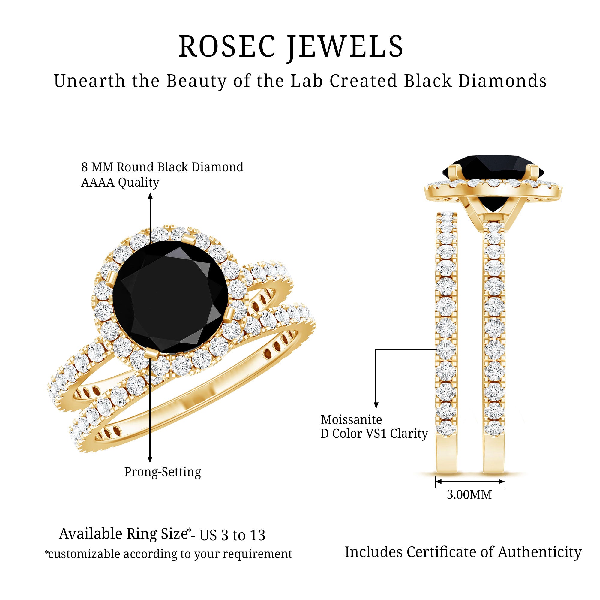 2 Carat Lab Grown Black Diamond Engagement Ring with Moissanite Wedding Band AAAA ( Synthetic ) - Rosec Jewels