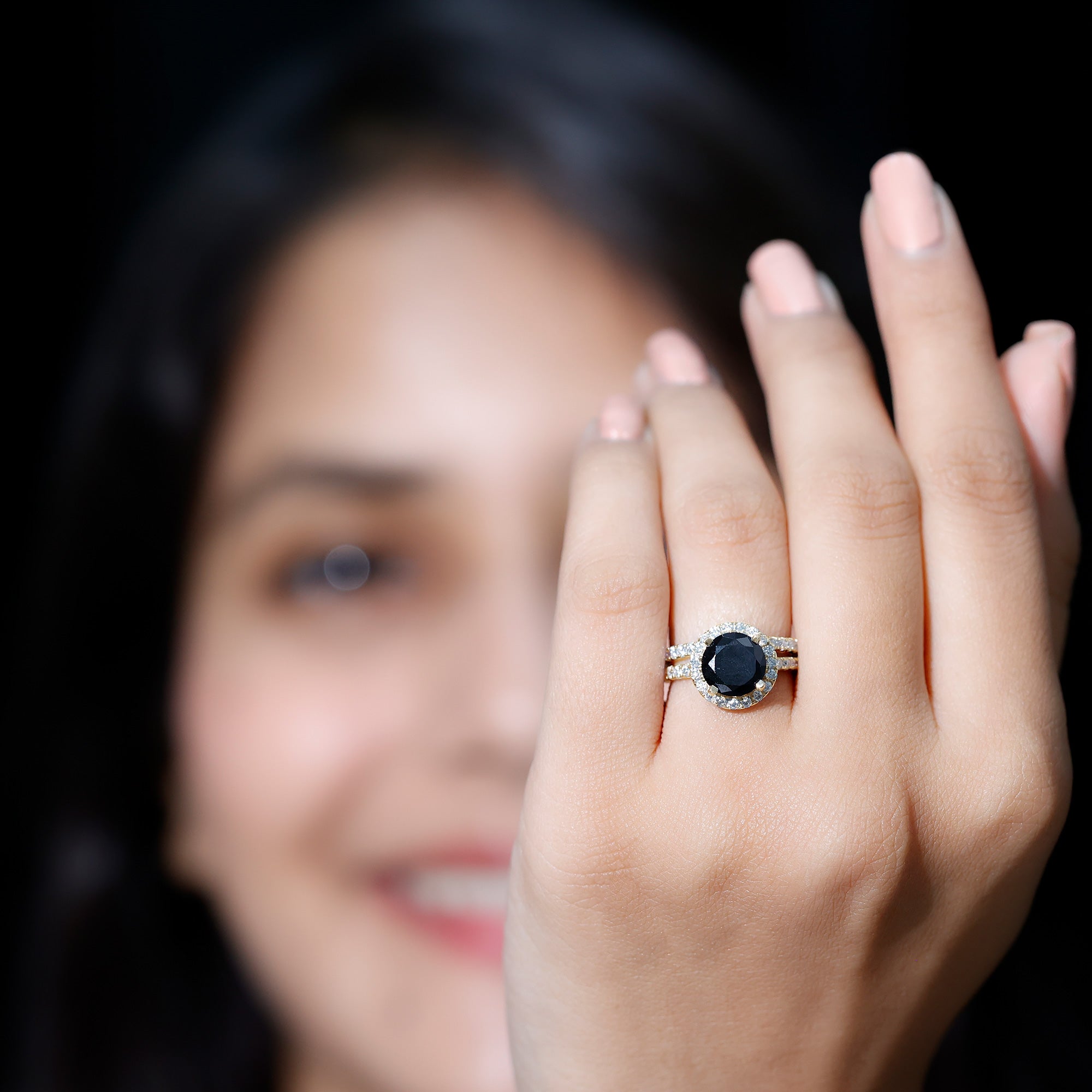 2 Carat Lab Grown Black Diamond Engagement Ring with Moissanite Wedding Band AAAA ( Synthetic ) - Rosec Jewels