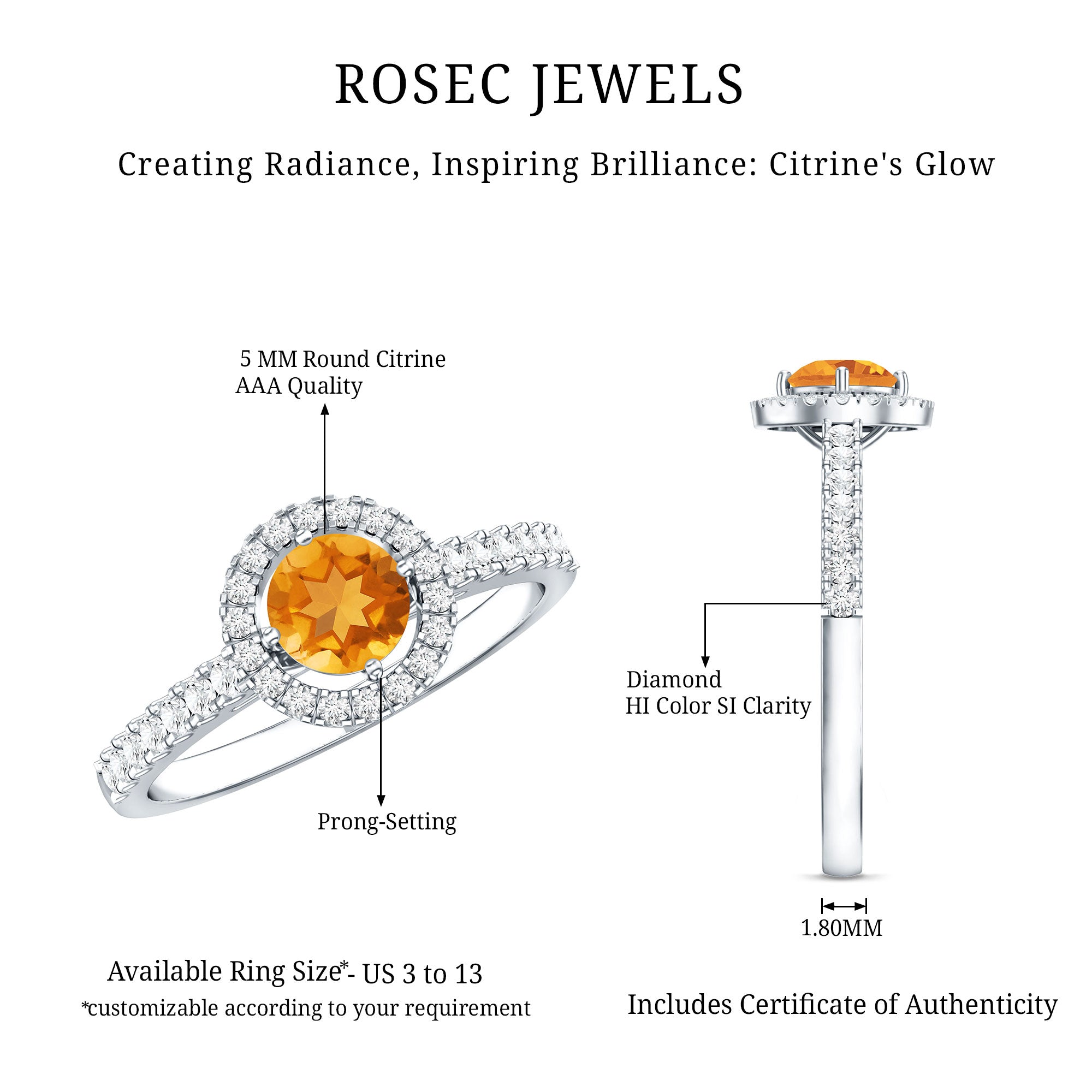Minimalist Citrine Diamond Engagement Ring with Halo AAA - Rosec Jewels