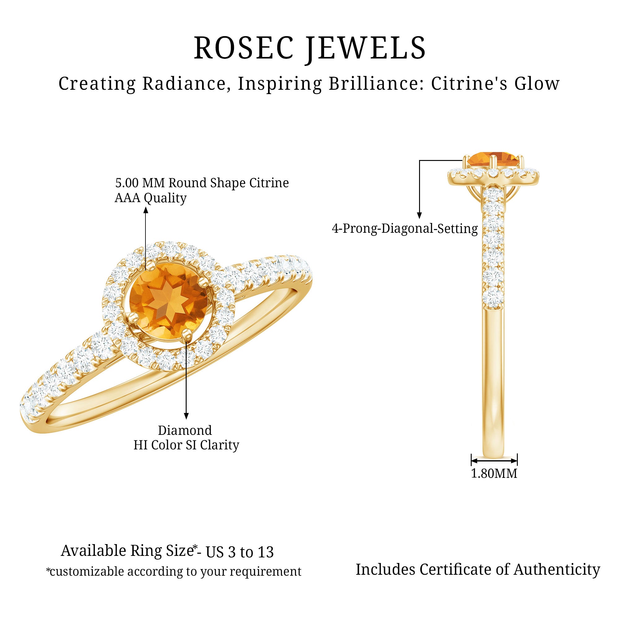 Minimalist Citrine Diamond Engagement Ring with Halo AAA - Rosec Jewels