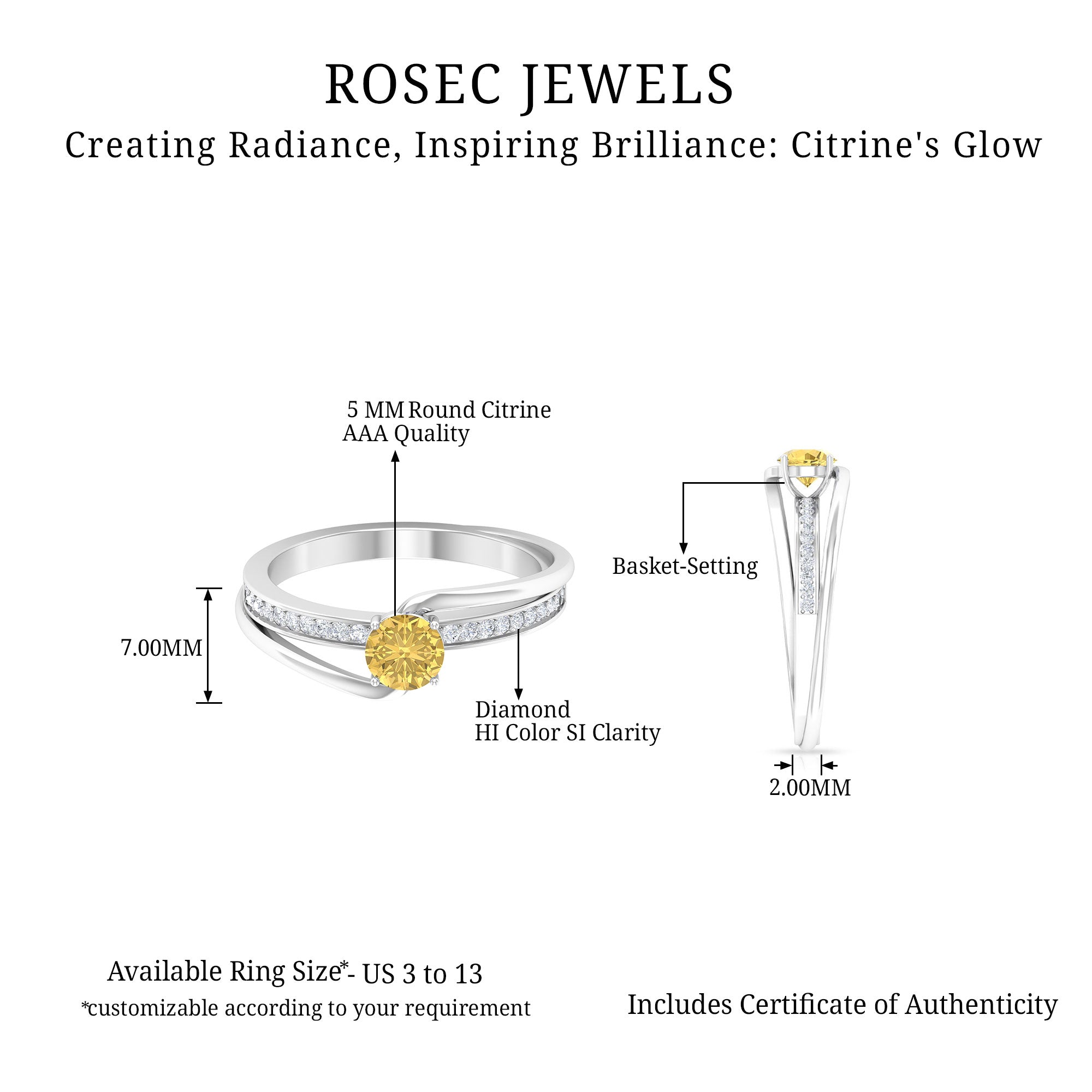 Natural Citrine Engagement Ring with Diamond Bypass Shank AAA - Rosec Jewels