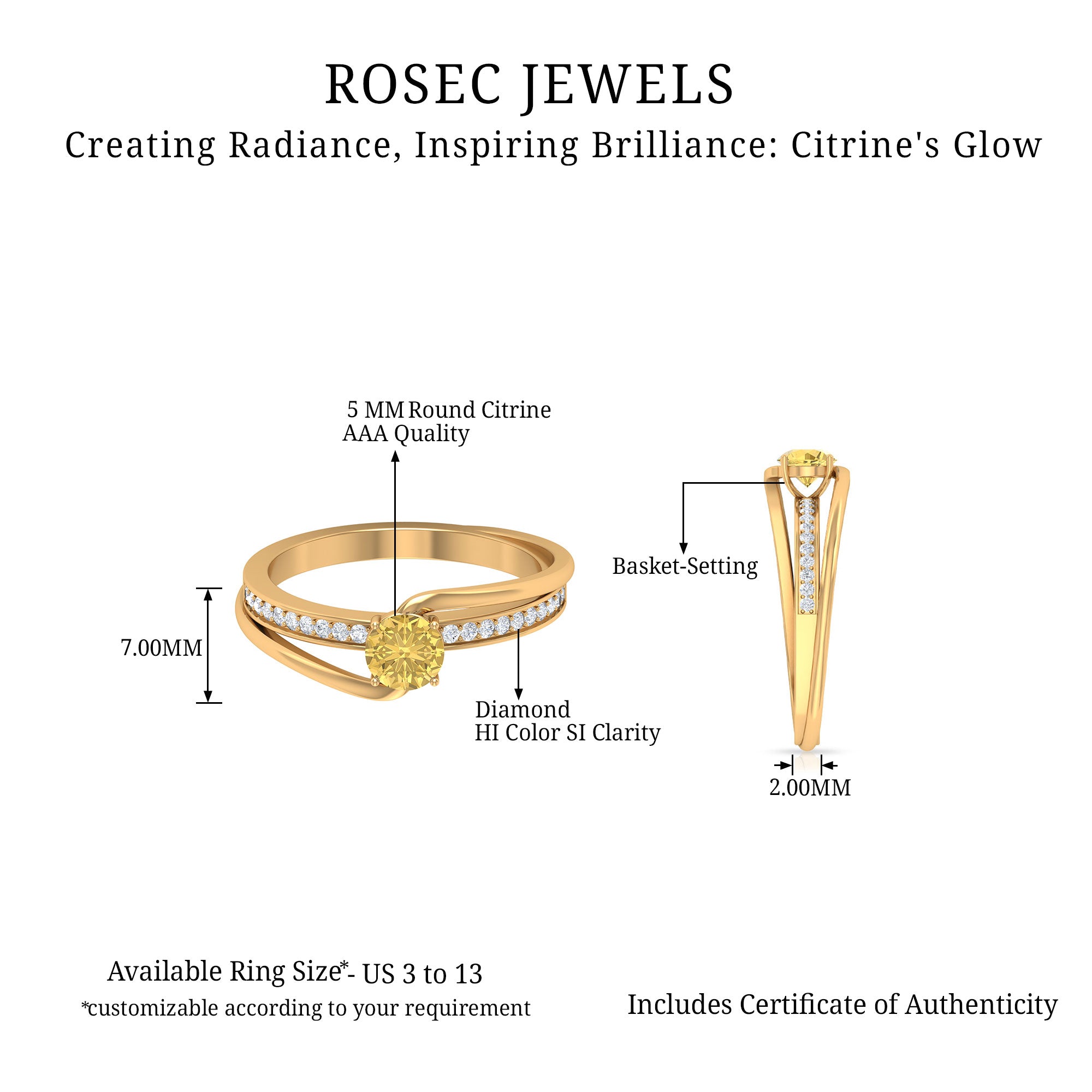 Natural Citrine Engagement Ring with Diamond Bypass Shank AAA - Rosec Jewels