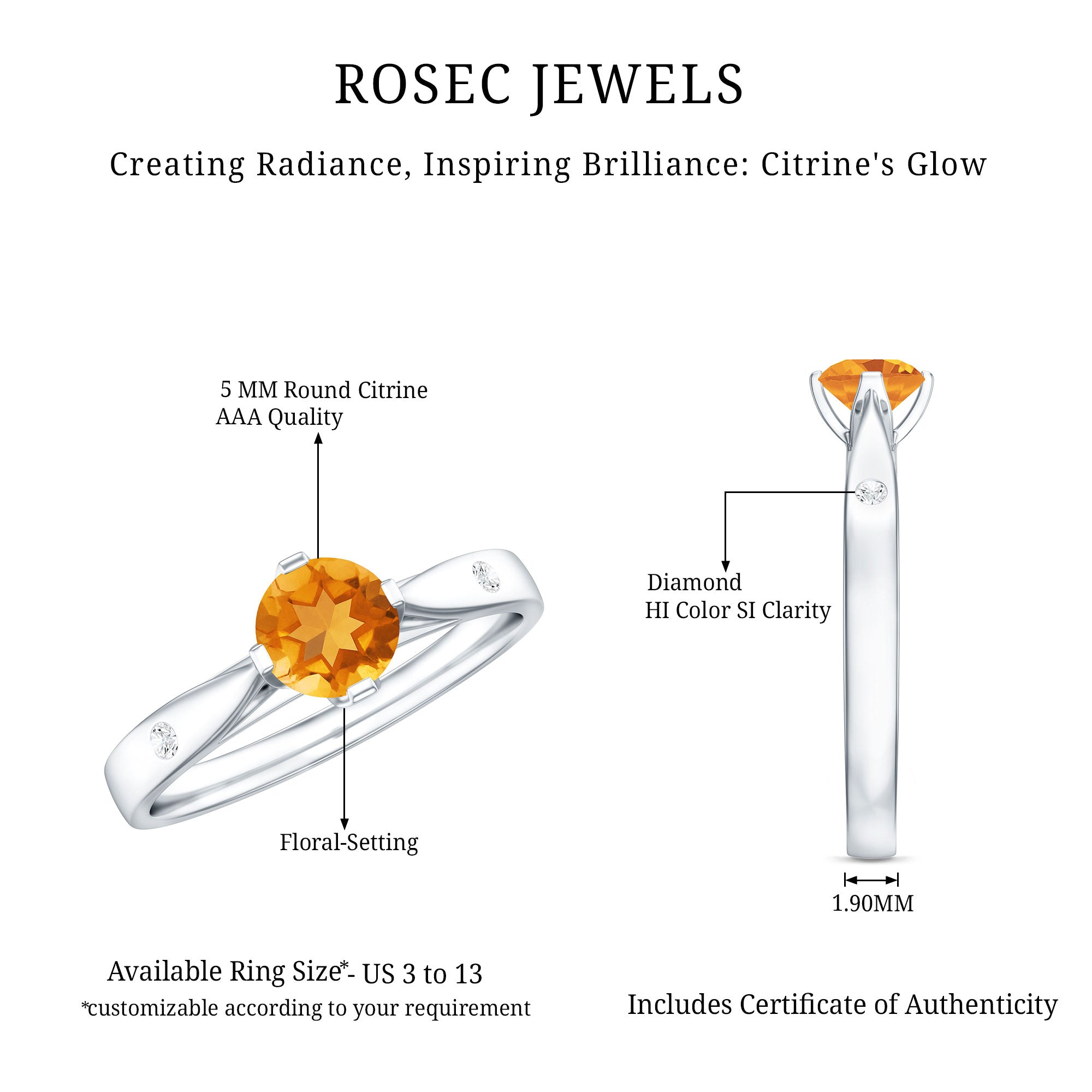 Certified Real Citrine Promise Ring with Diamond AAA - Rosec Jewels