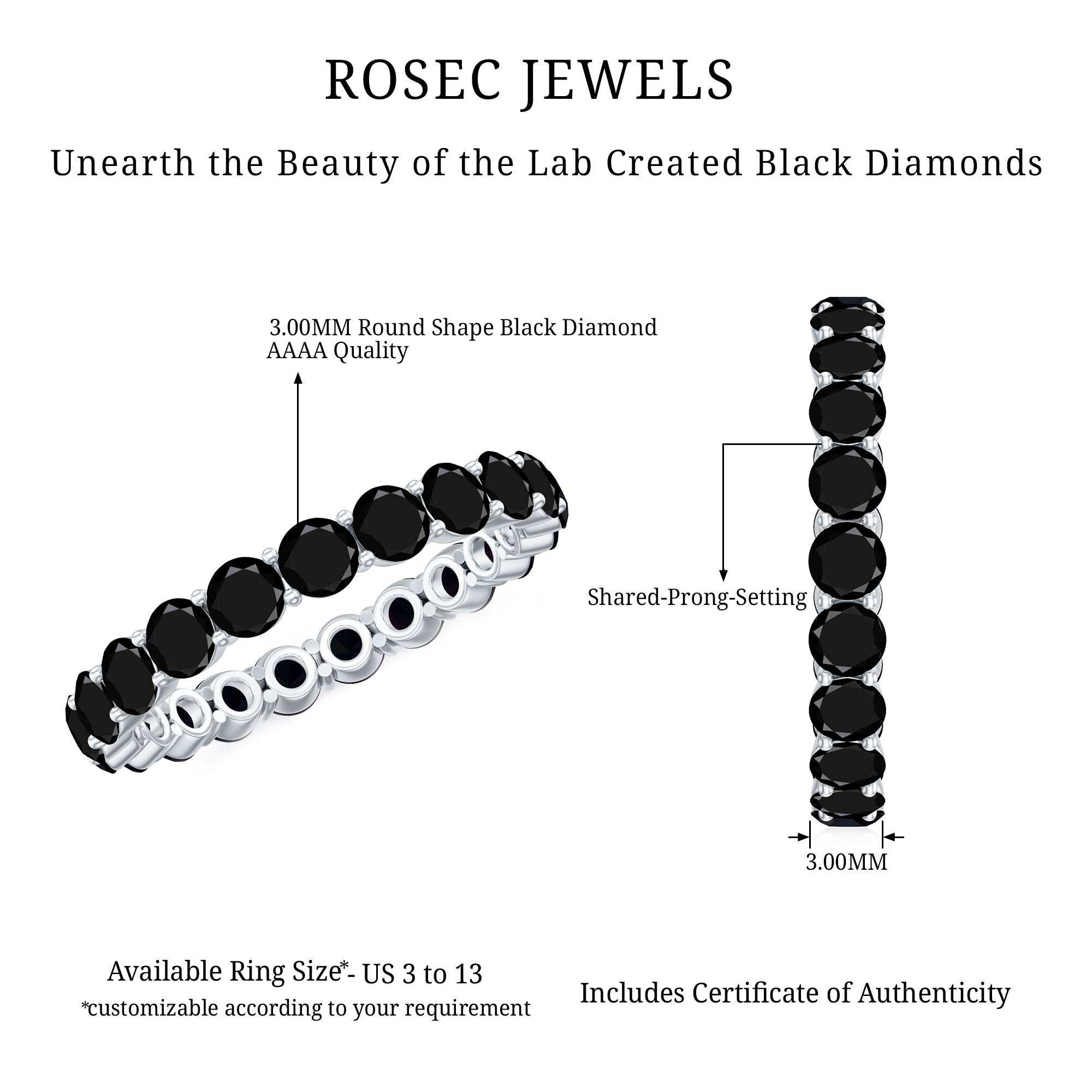 Certified Lab Grown Black Diamond Eternity Ring for Women AAAA ( Synthetic ) - Rosec Jewels