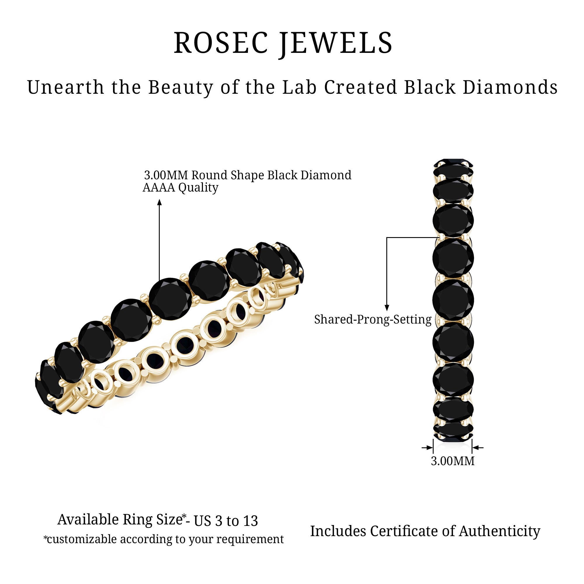 Certified Lab Grown Black Diamond Eternity Ring for Women AAAA ( Synthetic ) - Rosec Jewels