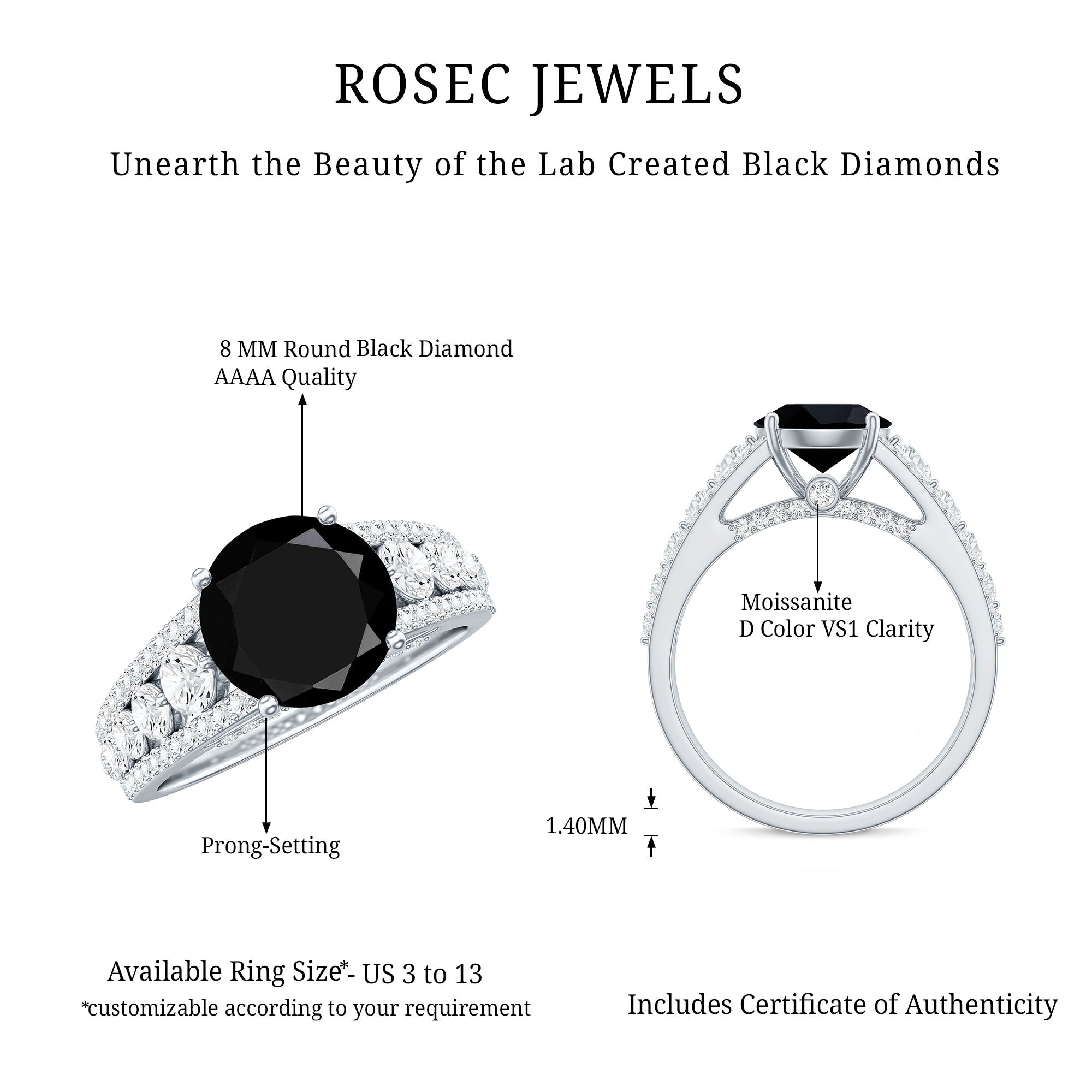 Lab-Created Black Diamond Statement Engagement Ring with Moissanite AAAA ( Synthetic ) - Rosec Jewels