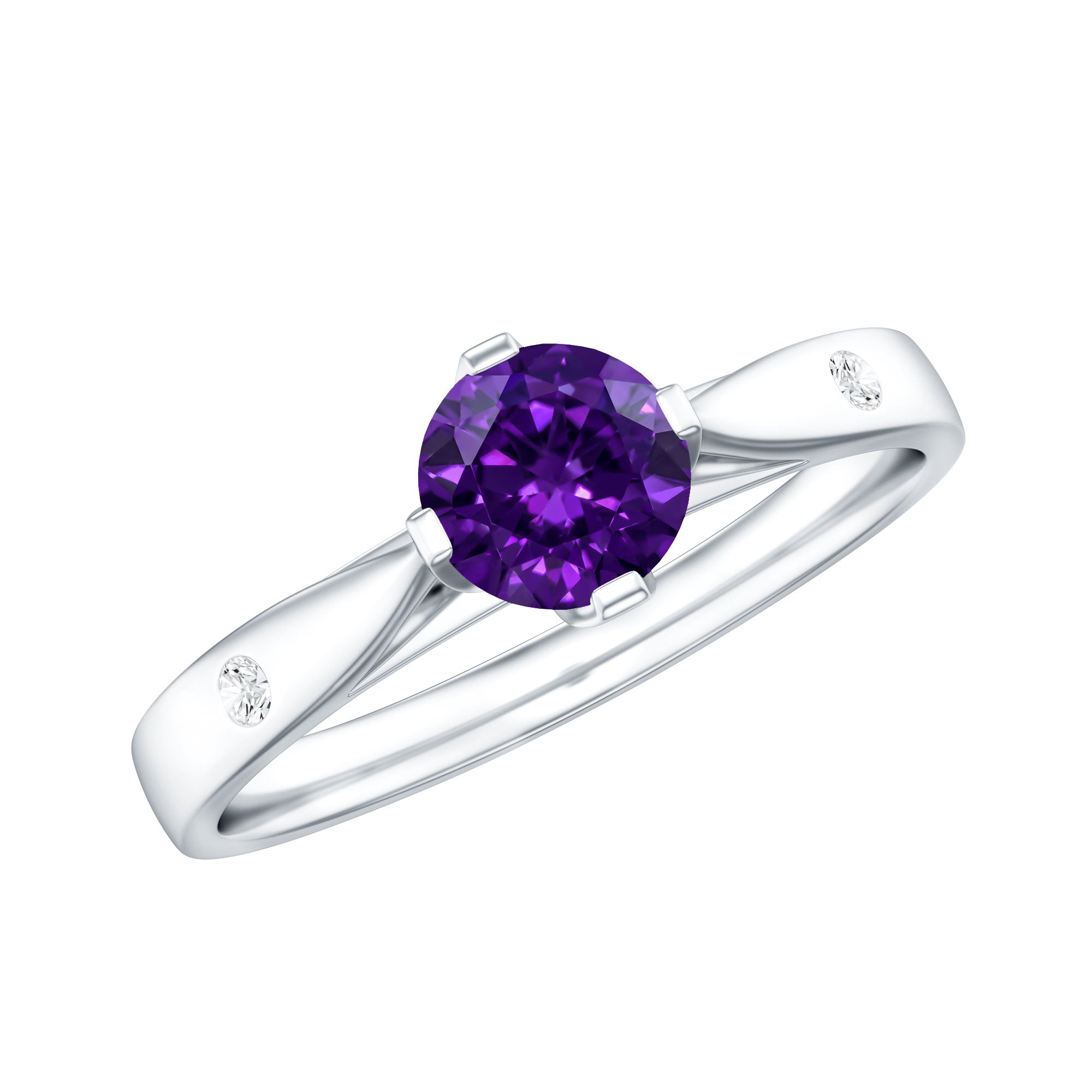 0.4 Carat Solitaire Round Shape Amethyst Ring with Diamond AAA - Rosec Jewels