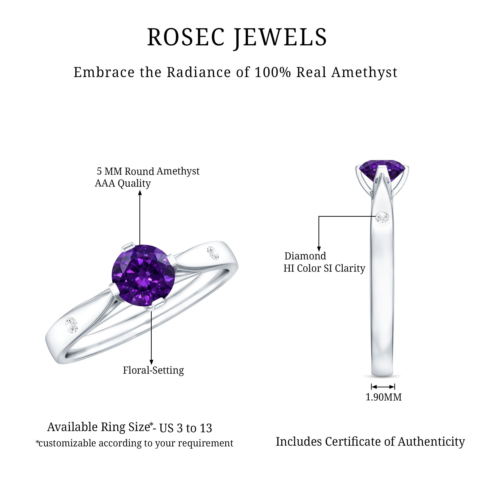 0.4 Carat Solitaire Round Shape Amethyst Ring with Diamond AAA - Rosec Jewels