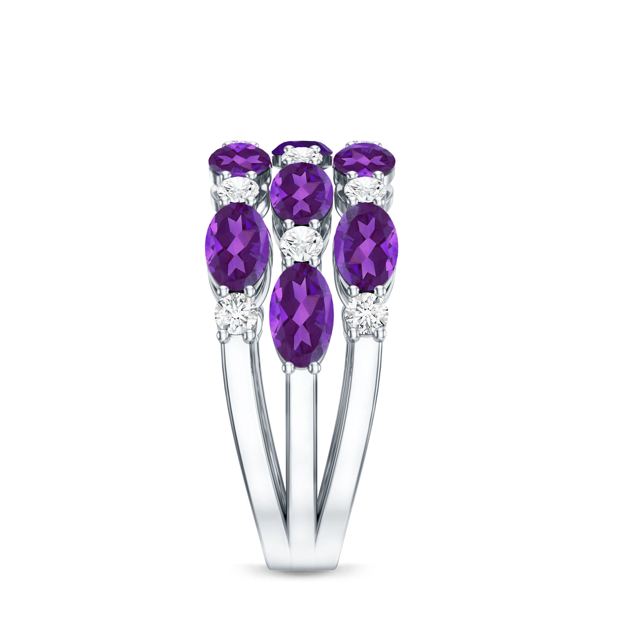 Certified Amethyst and Moissanite Three Row Wedding Band AAA - Rosec Jewels