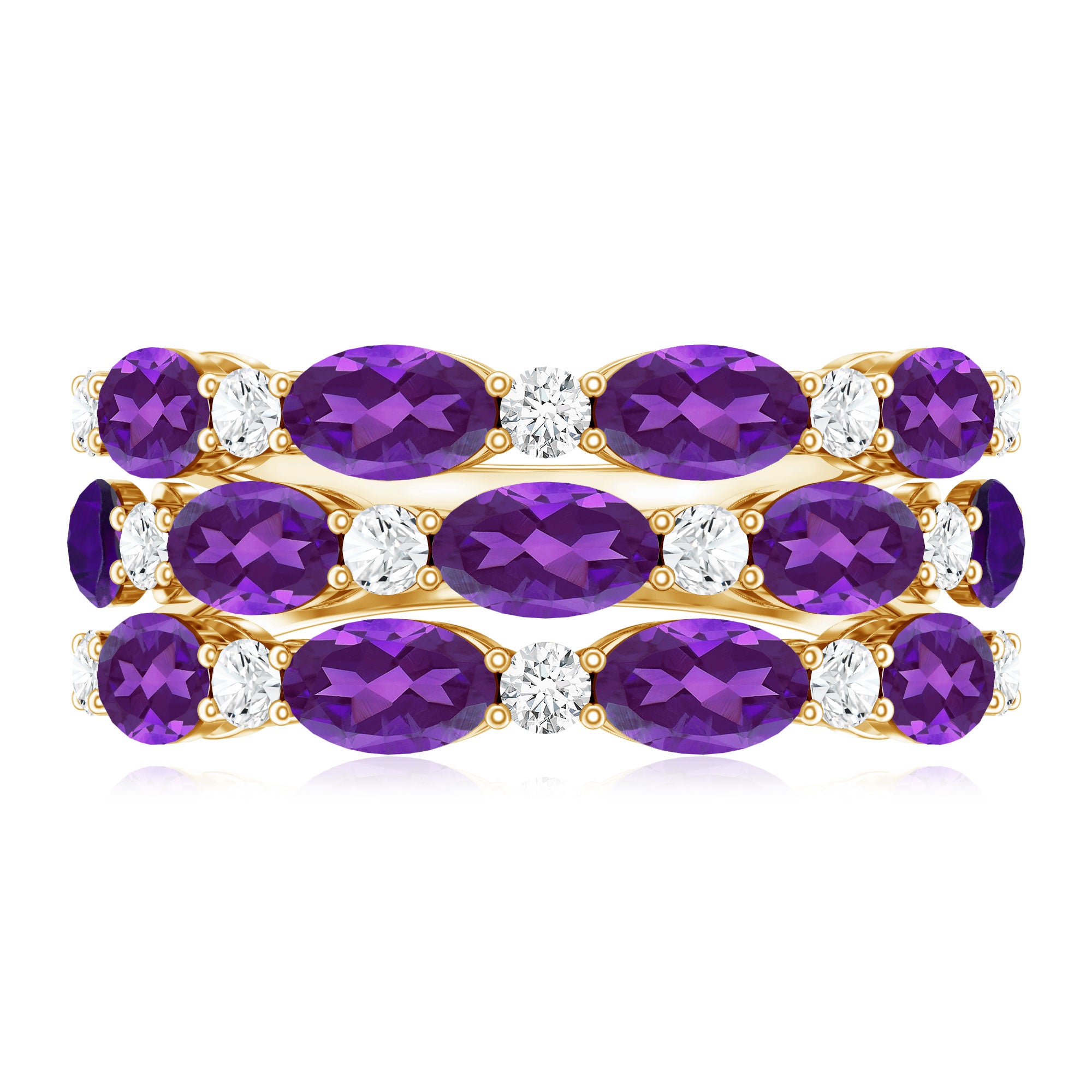 Certified Amethyst and Moissanite Three Row Wedding Band AAA - Rosec Jewels