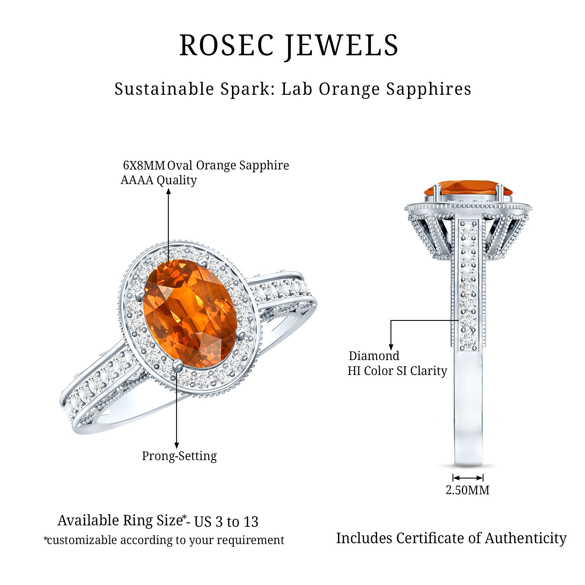 1.5 Carat Lab Grown Orange Sapphire Engagement Ring with Diamond Halo AAAA - Rosec Jewels