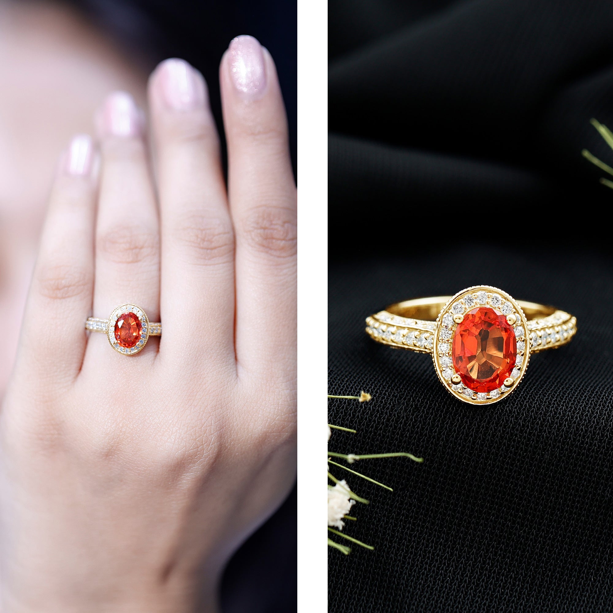 1.5 Carat Lab Grown Orange Sapphire Engagement Ring with Diamond Halo AAAA - Rosec Jewels