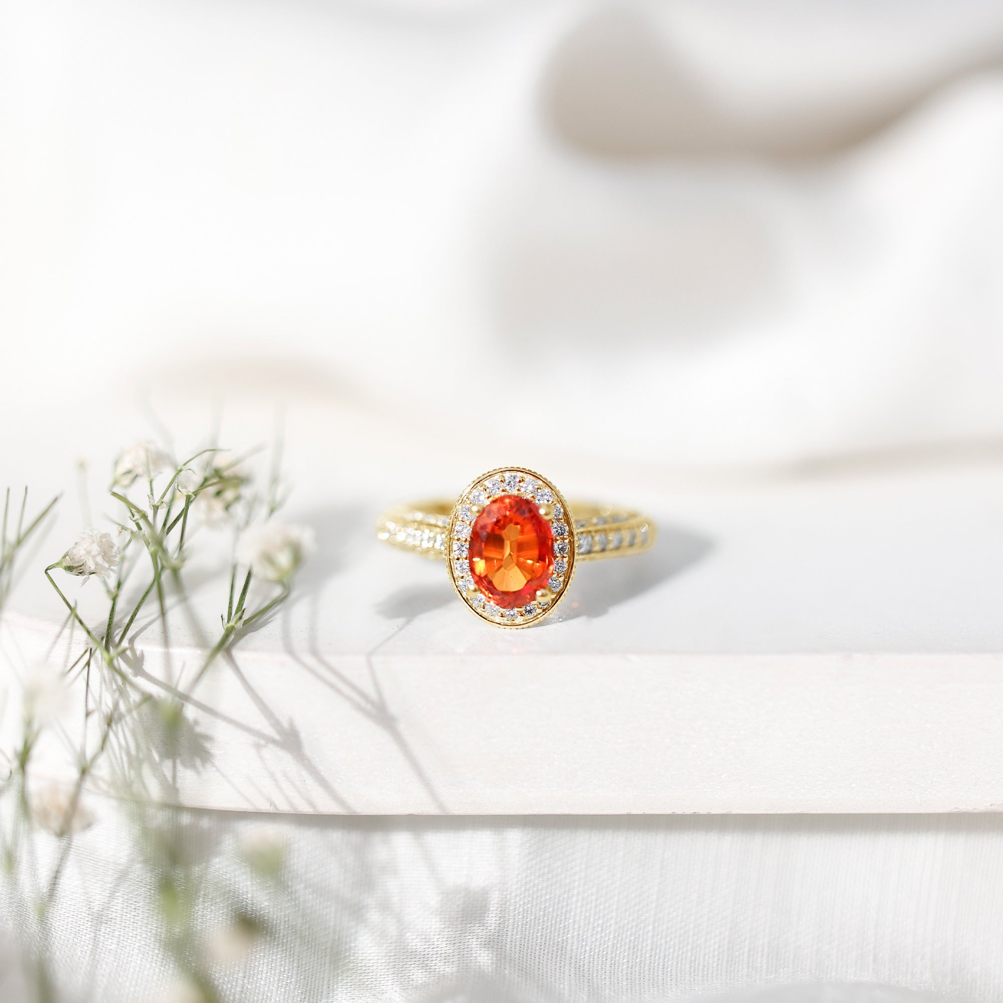 1.5 Carat Lab Grown Orange Sapphire Engagement Ring with Diamond Halo AAAA - Rosec Jewels