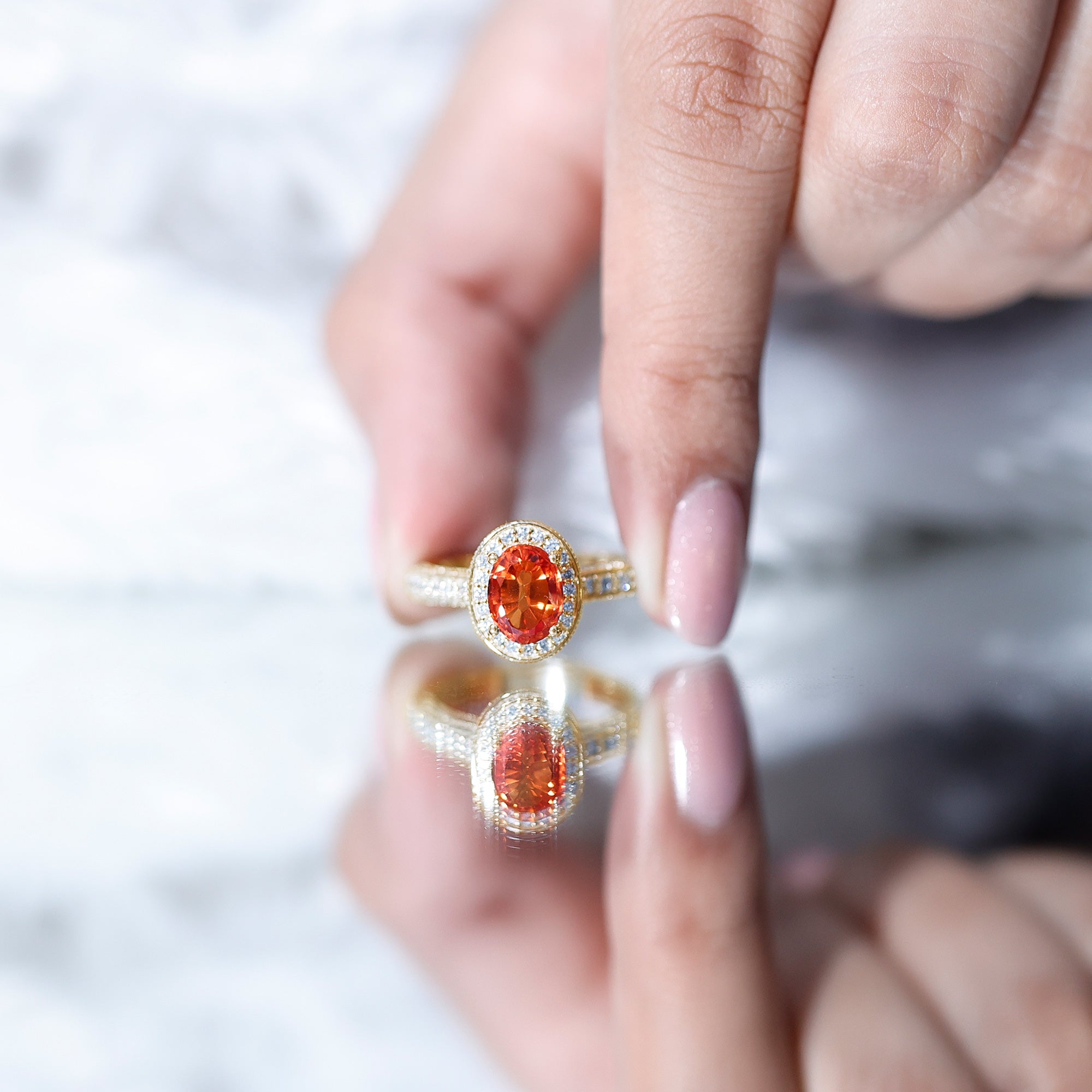 1.5 Carat Lab Grown Orange Sapphire Engagement Ring with Diamond Halo AAAA - Rosec Jewels