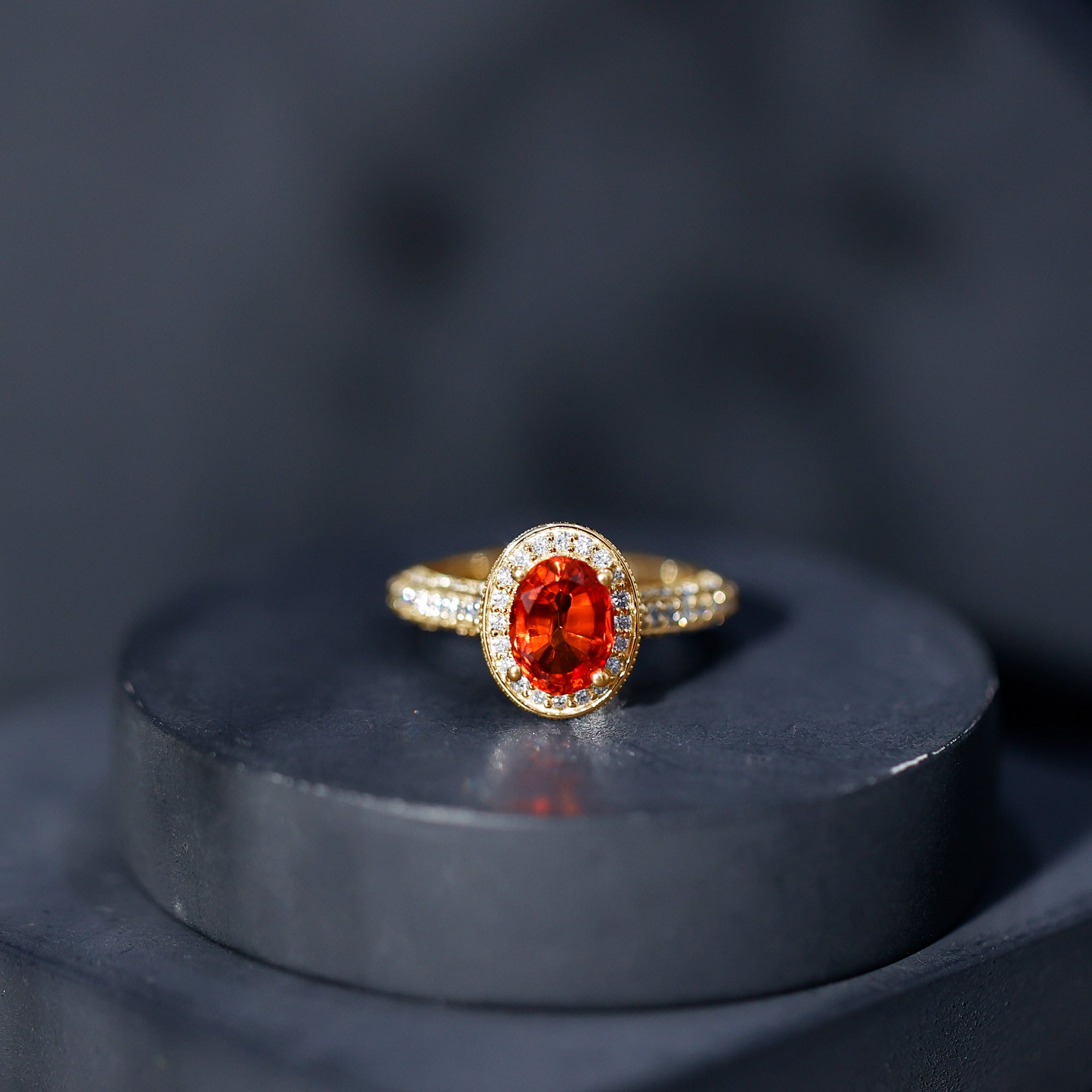 1.5 Carat Lab Grown Orange Sapphire Engagement Ring with Diamond Halo AAAA - Rosec Jewels
