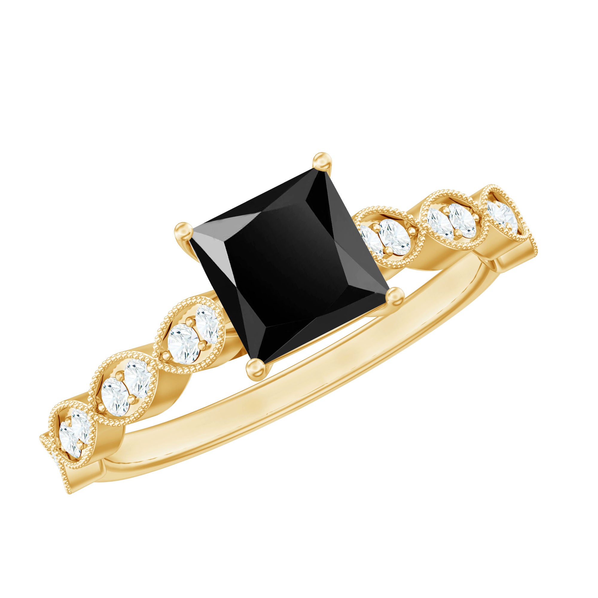 Princess Cut Black Onyx and Diamond Designer Engagement Ring AAA - Rosec Jewels