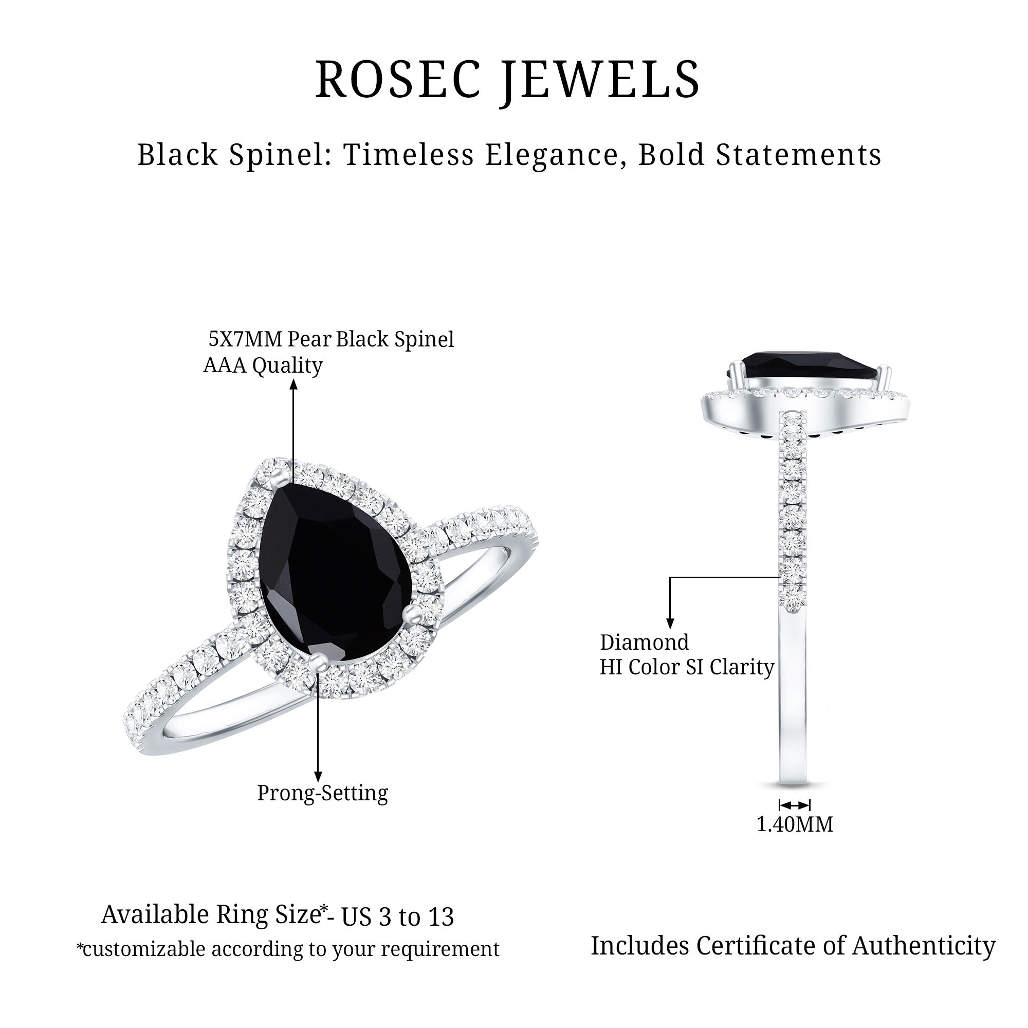 Natural Black Spinel Pear Shaped Engagement Ring with Diamond Halo AAA - Rosec Jewels
