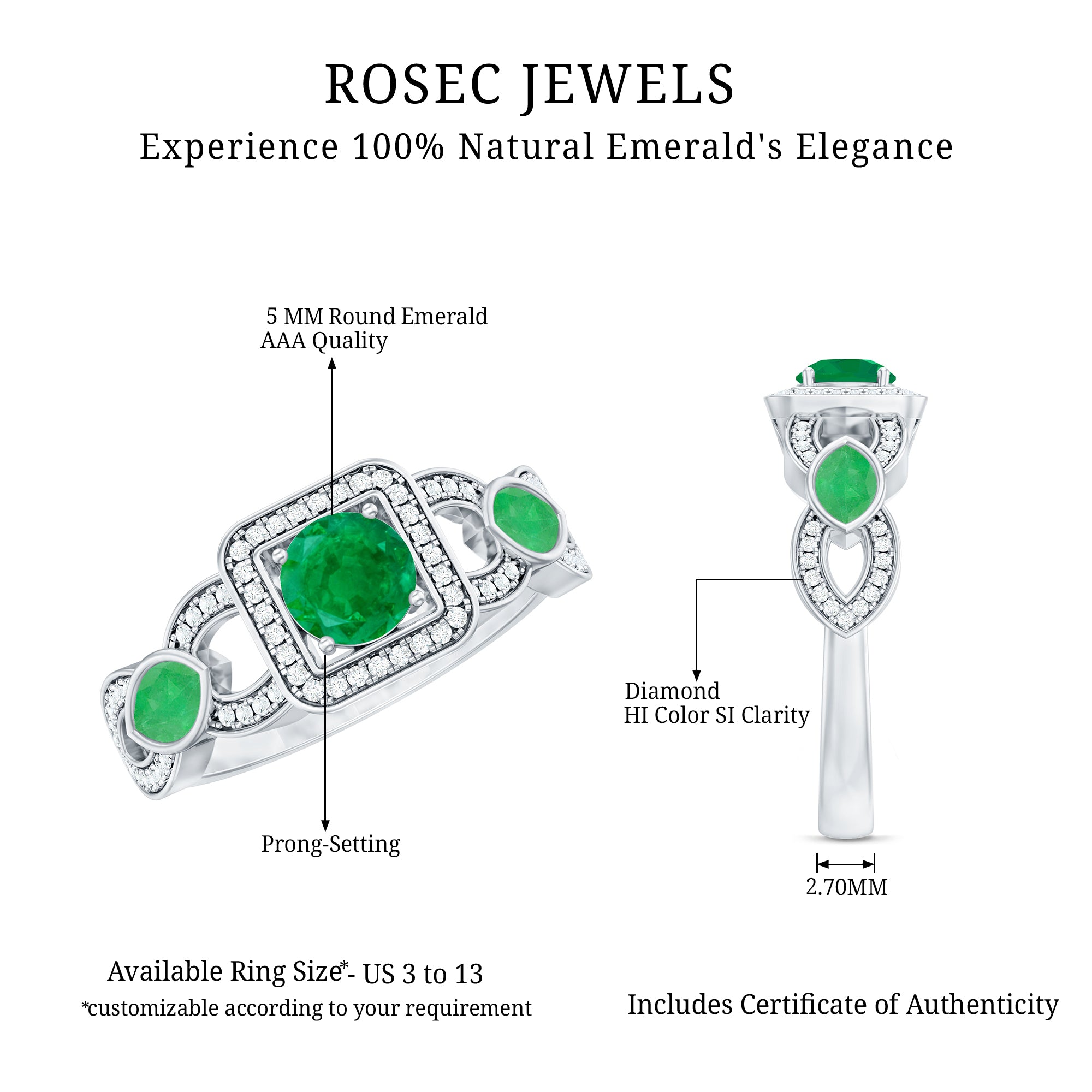 Rosec Jewels-Vintage Style Emerald and Diamond Engagement Ring for Women