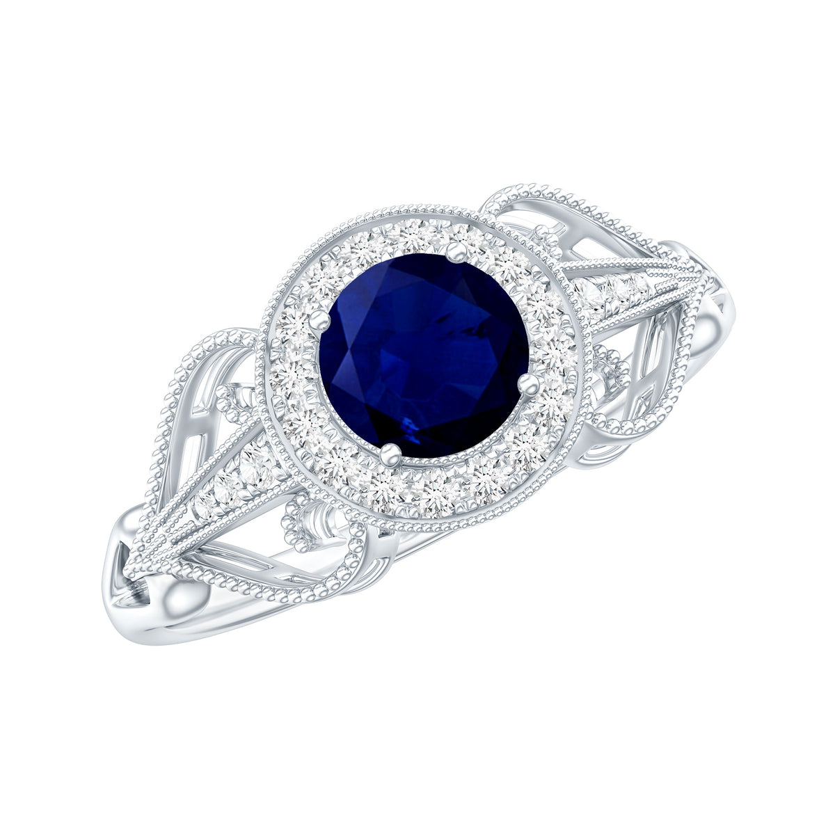 Vintage Looking Blue Sapphire with Diamond Halo Engagement Ring AAA - Rosec Jewels
