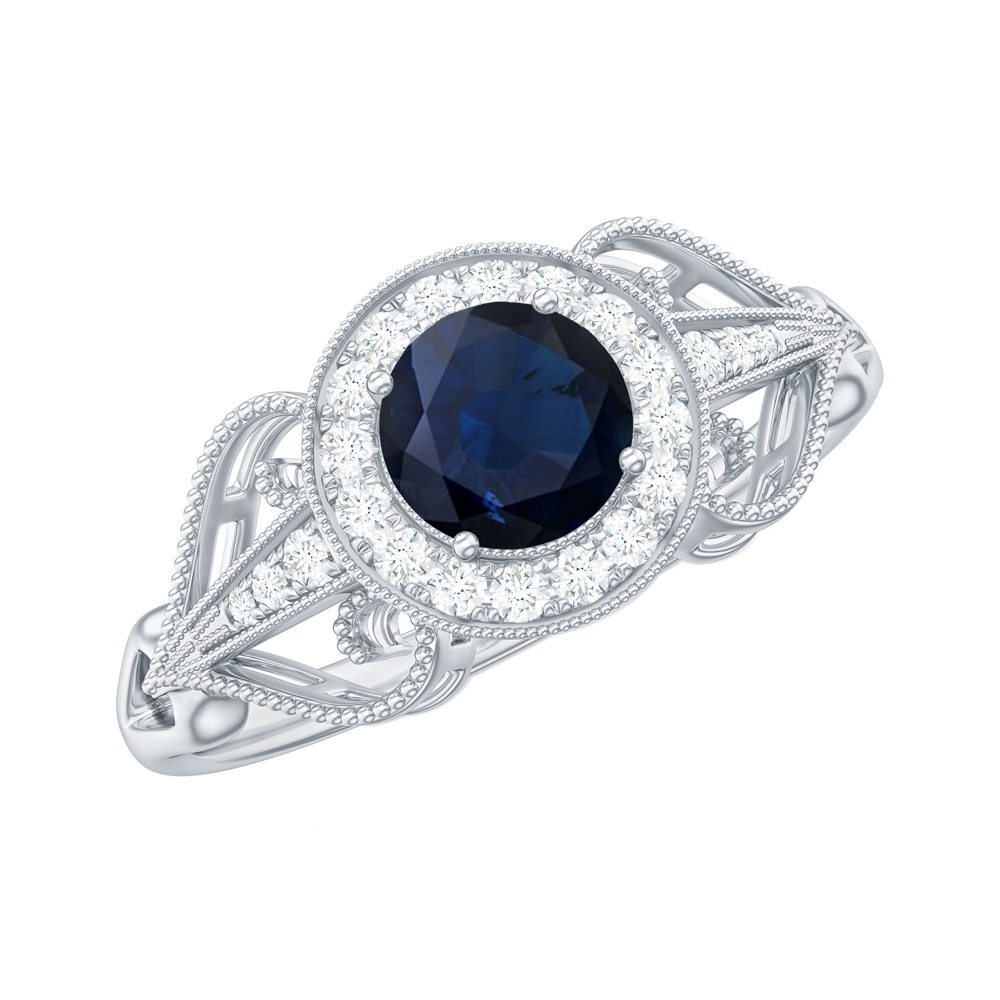 Vintage Looking Blue Sapphire with Diamond Halo Engagement Ring AAA - Rosec Jewels
