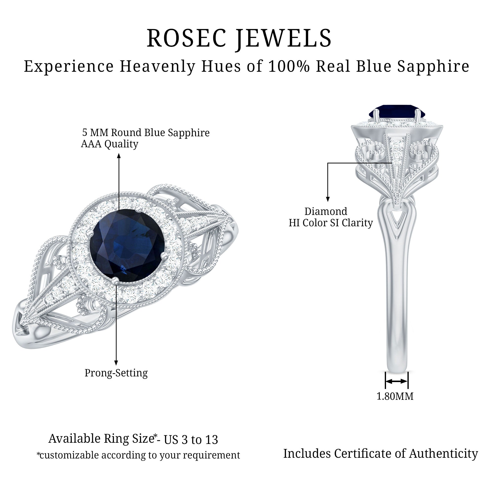Vintage Looking Blue Sapphire with Diamond Halo Engagement Ring AAA - Rosec Jewels