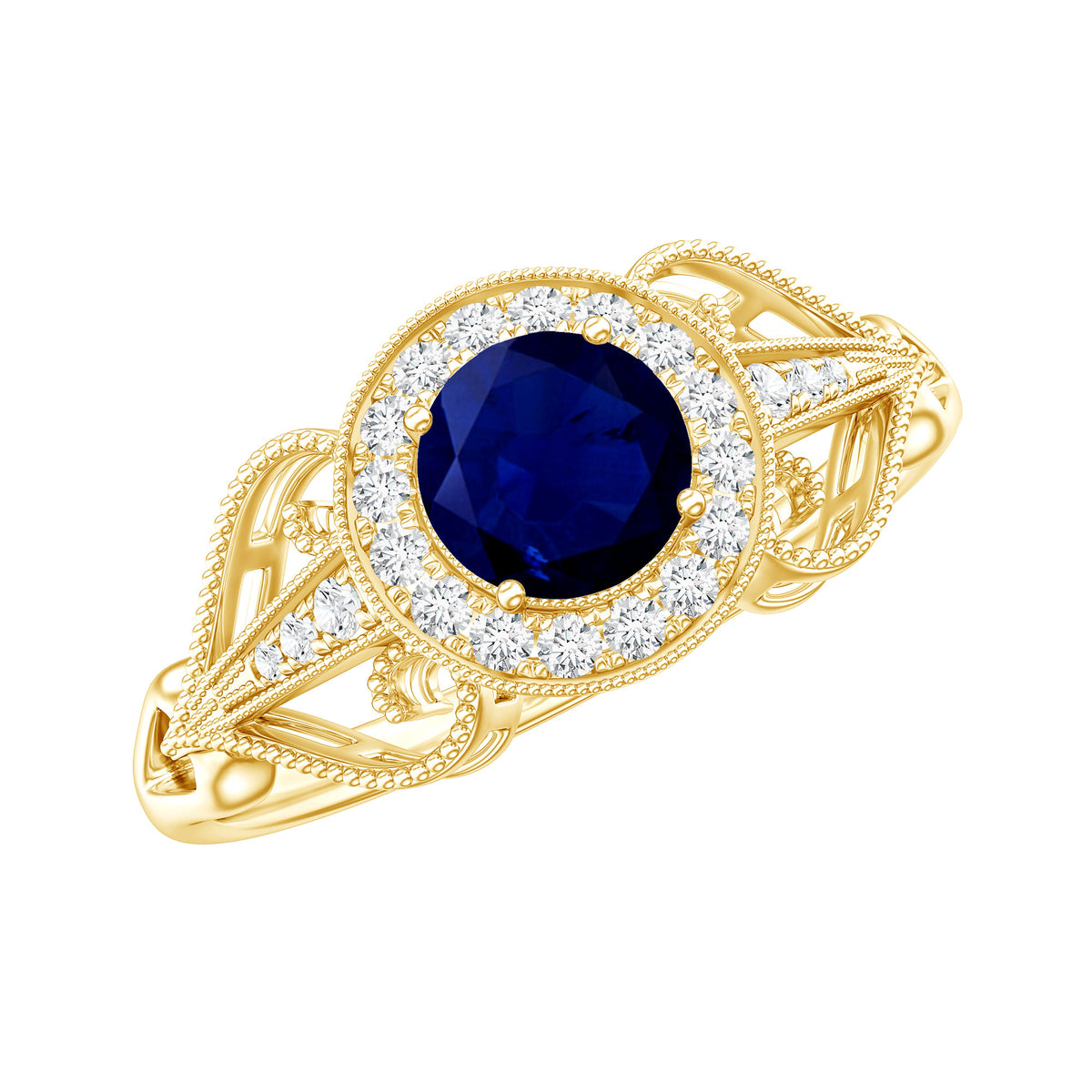 Vintage Looking Blue Sapphire with Diamond Halo Engagement Ring AAA - Rosec Jewels