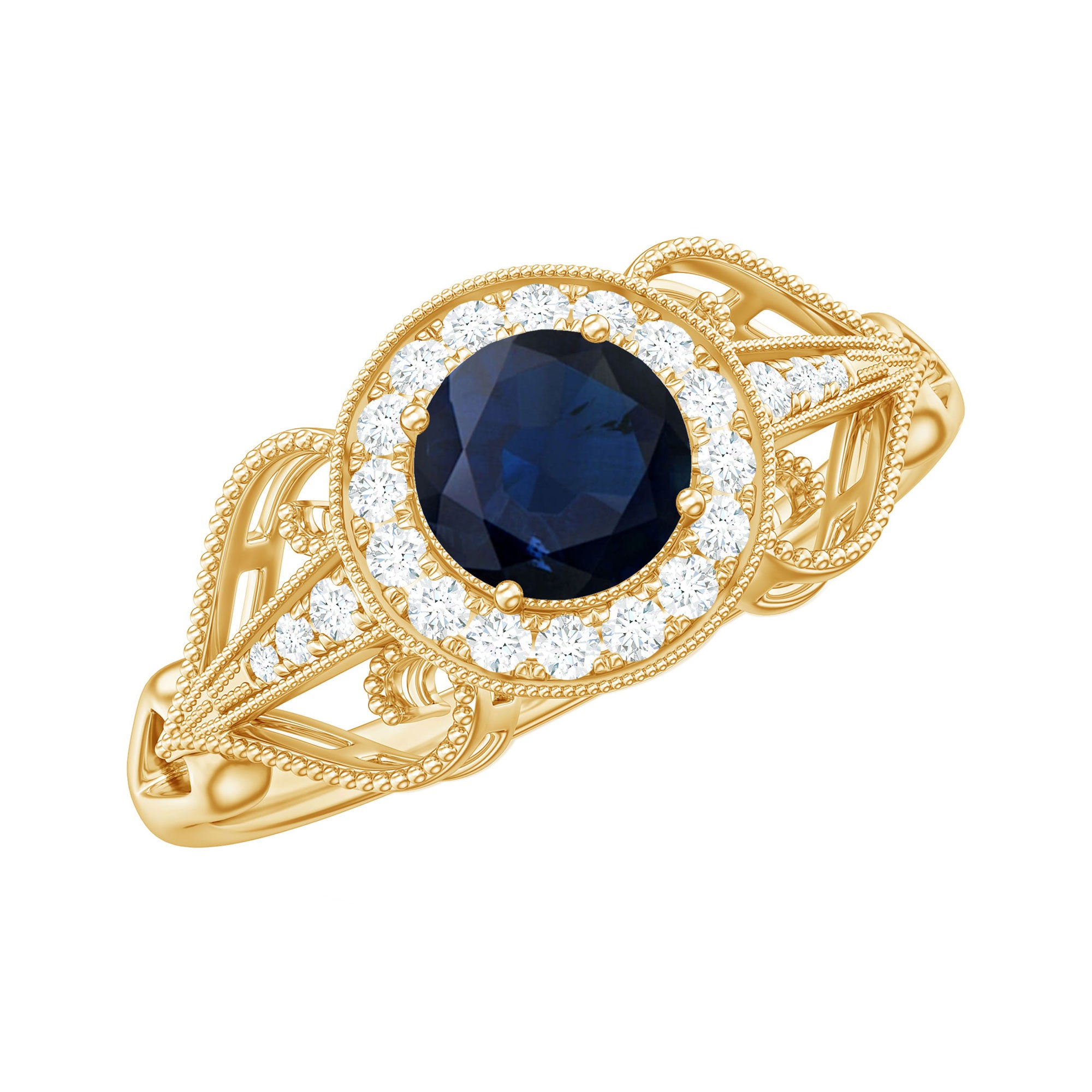 Vintage Looking Blue Sapphire with Diamond Halo Engagement Ring AAA - Rosec Jewels