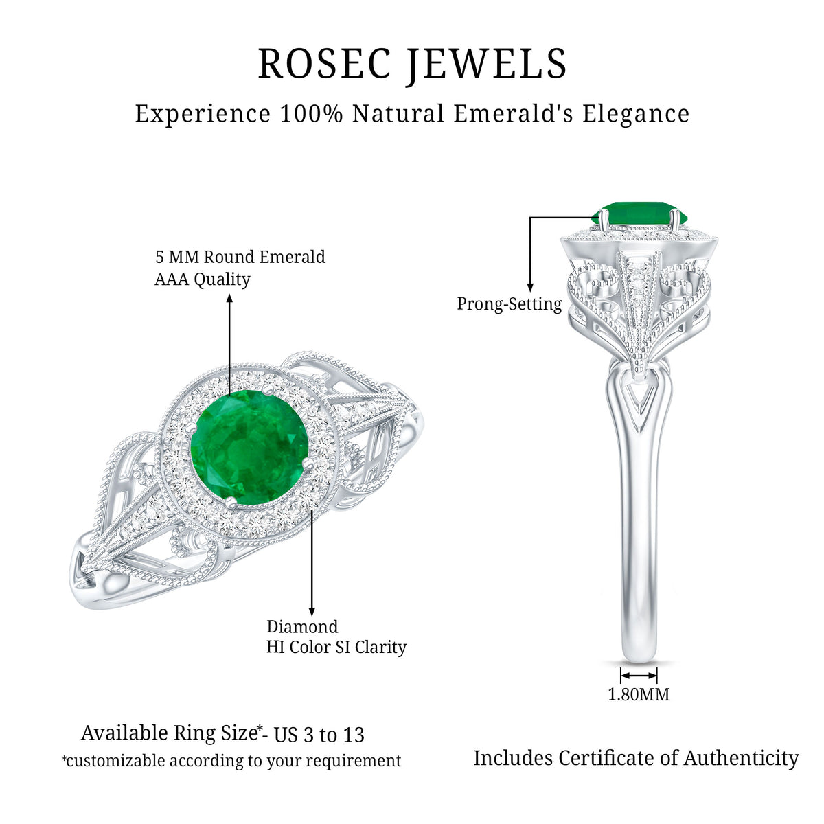 AAA Quality Emerald and Diamond Vintage Inspired Engagement Ring AAA - Rosec Jewels