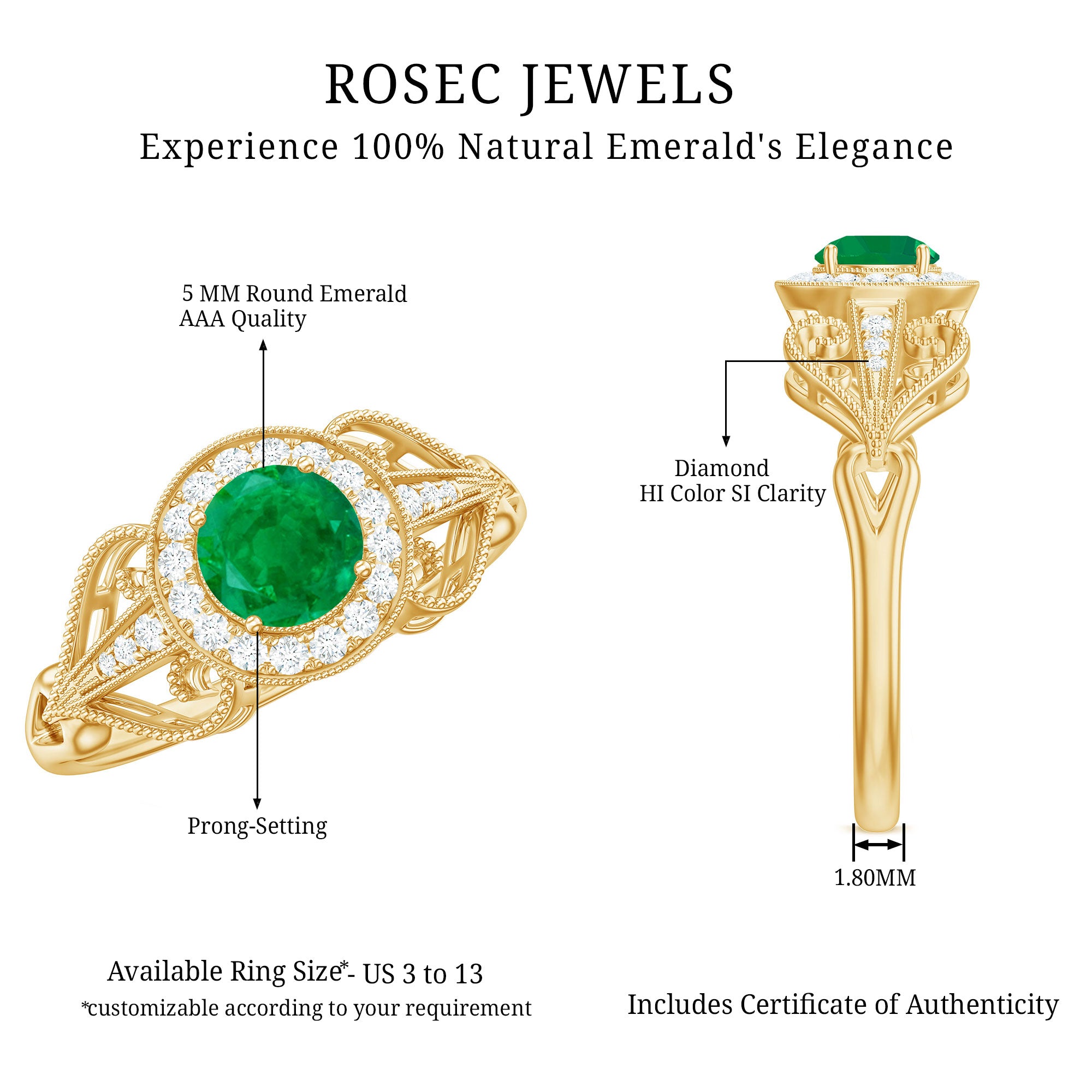 AAA Quality Emerald and Diamond Vintage Inspired Engagement Ring AAA - Rosec Jewels