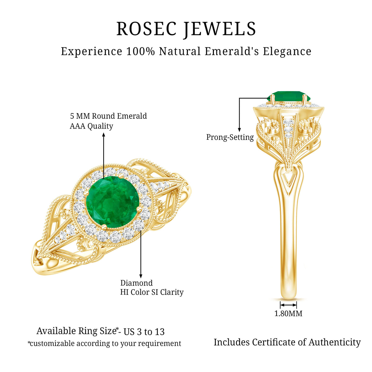 AAA Quality Emerald and Diamond Vintage Inspired Engagement Ring AAA - Rosec Jewels
