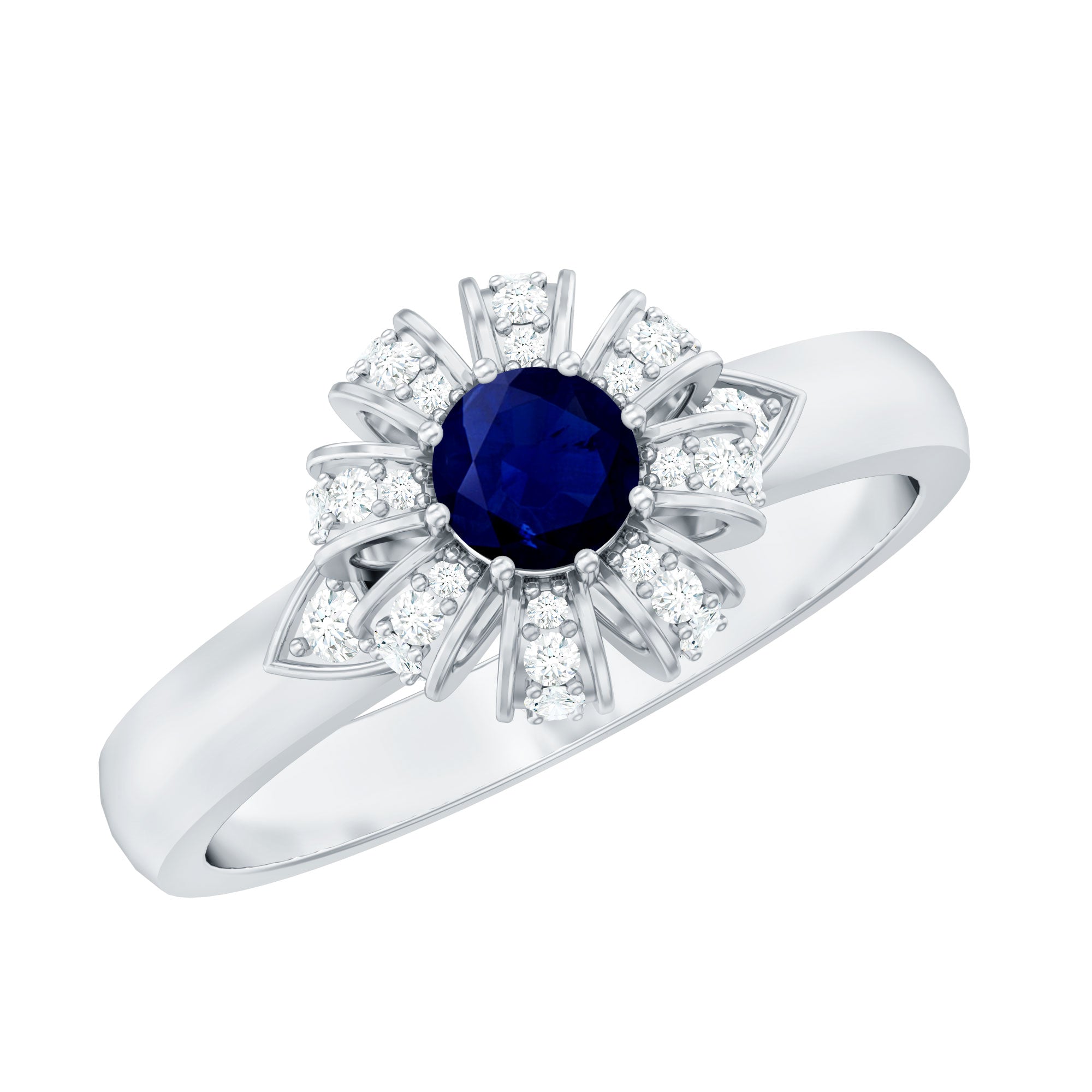 Bague de promesse de fleur de saphir bleu de 0,75 ct avec diamant