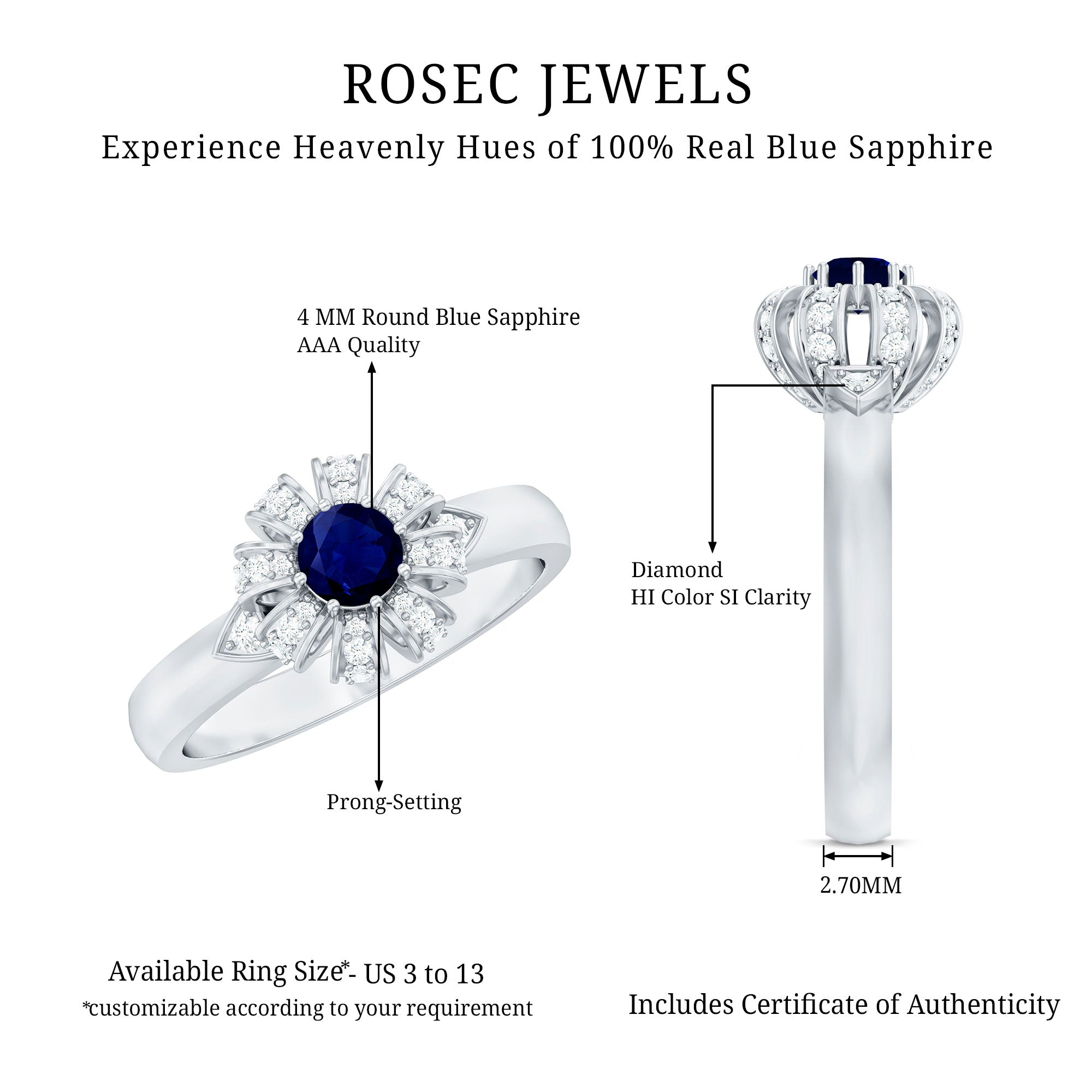 Real Blue Sapphire Flower Engagement Ring with Diamond AAA - Rosec Jewels