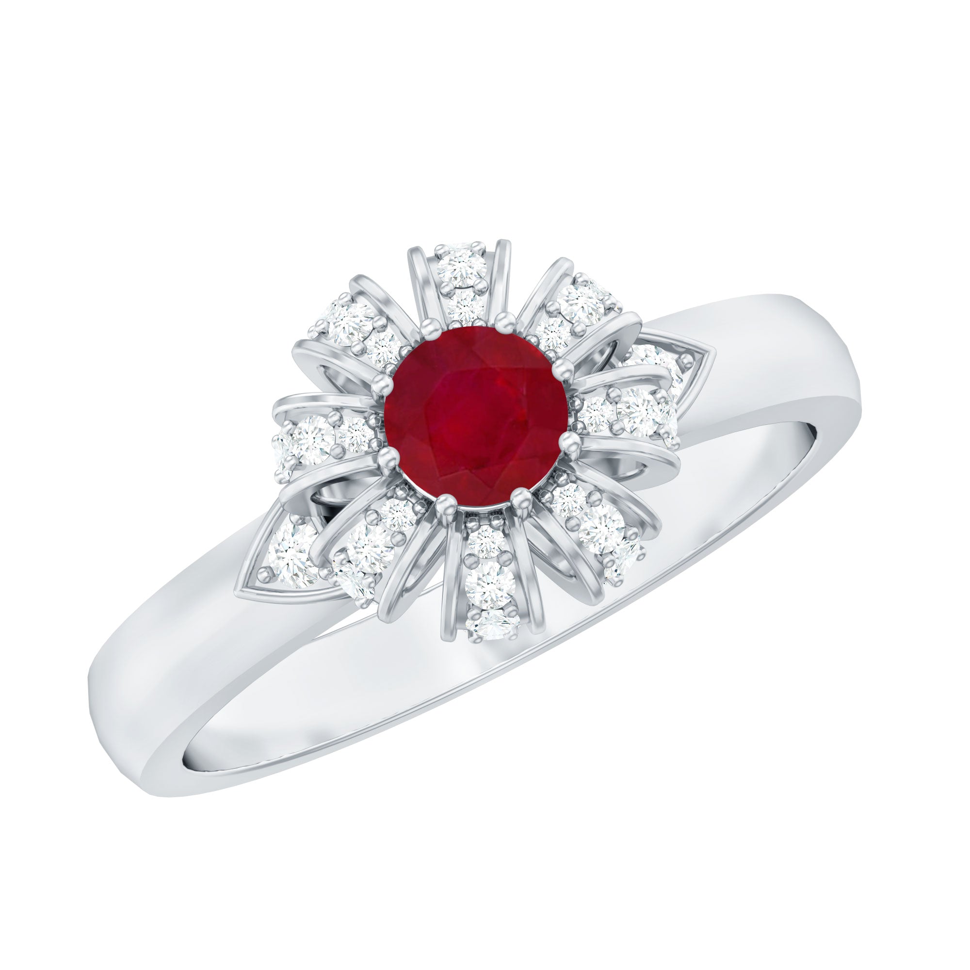 3/4 CT Solitaire Ruby Flower Ring with Diamond Accent