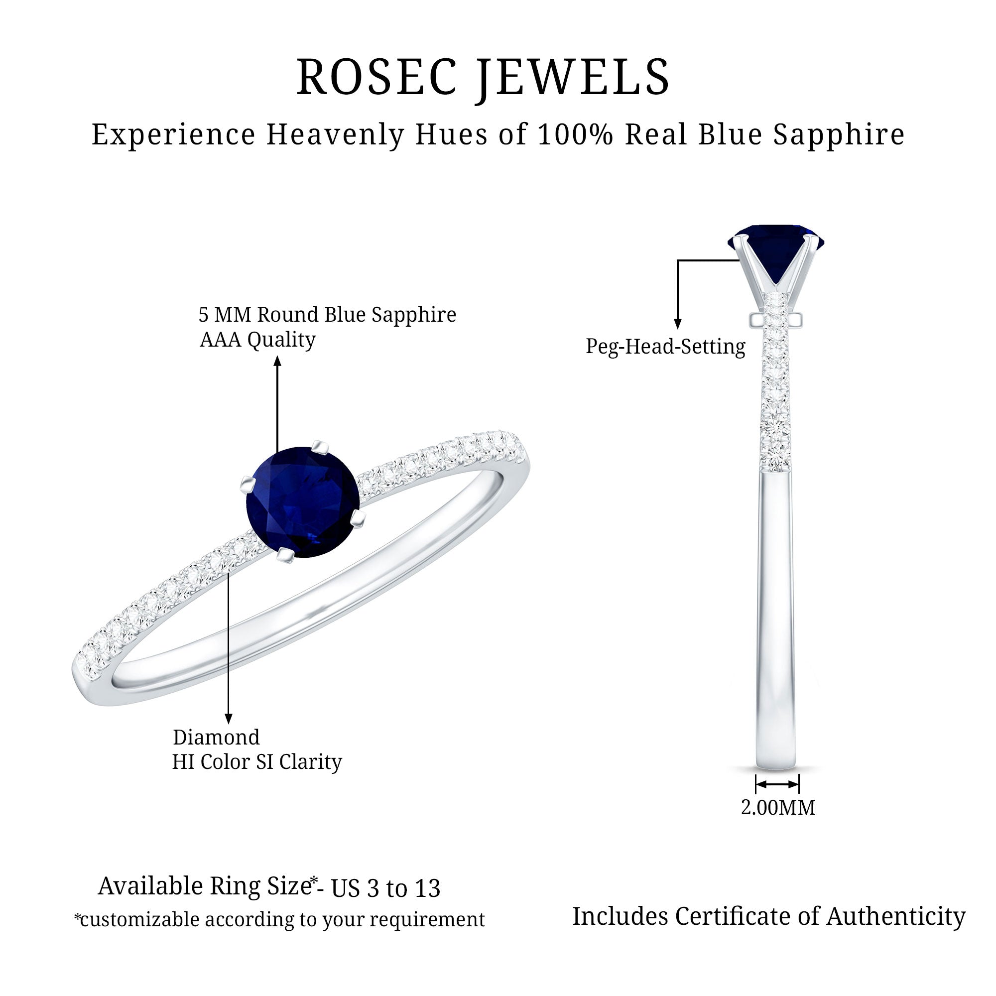Real 0.9 Carat Blue Sapphire Promise Ring with Diamonds AAA - Rosec Jewels