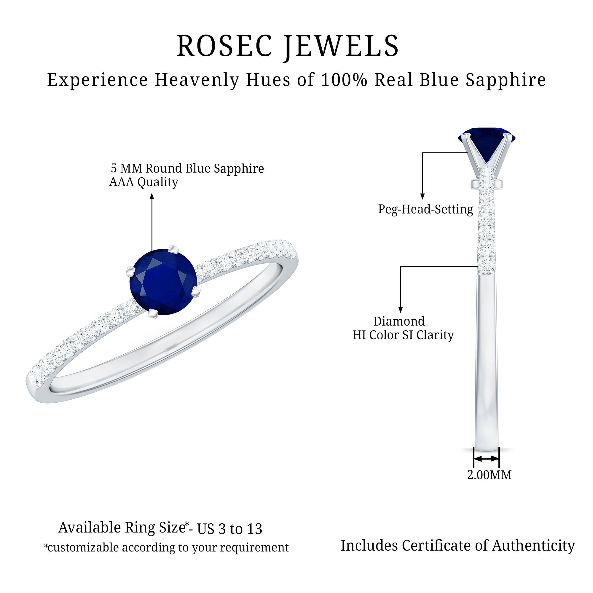 Real 0.9 Carat Blue Sapphire Promise Ring with Diamonds AAA - Rosec Jewels