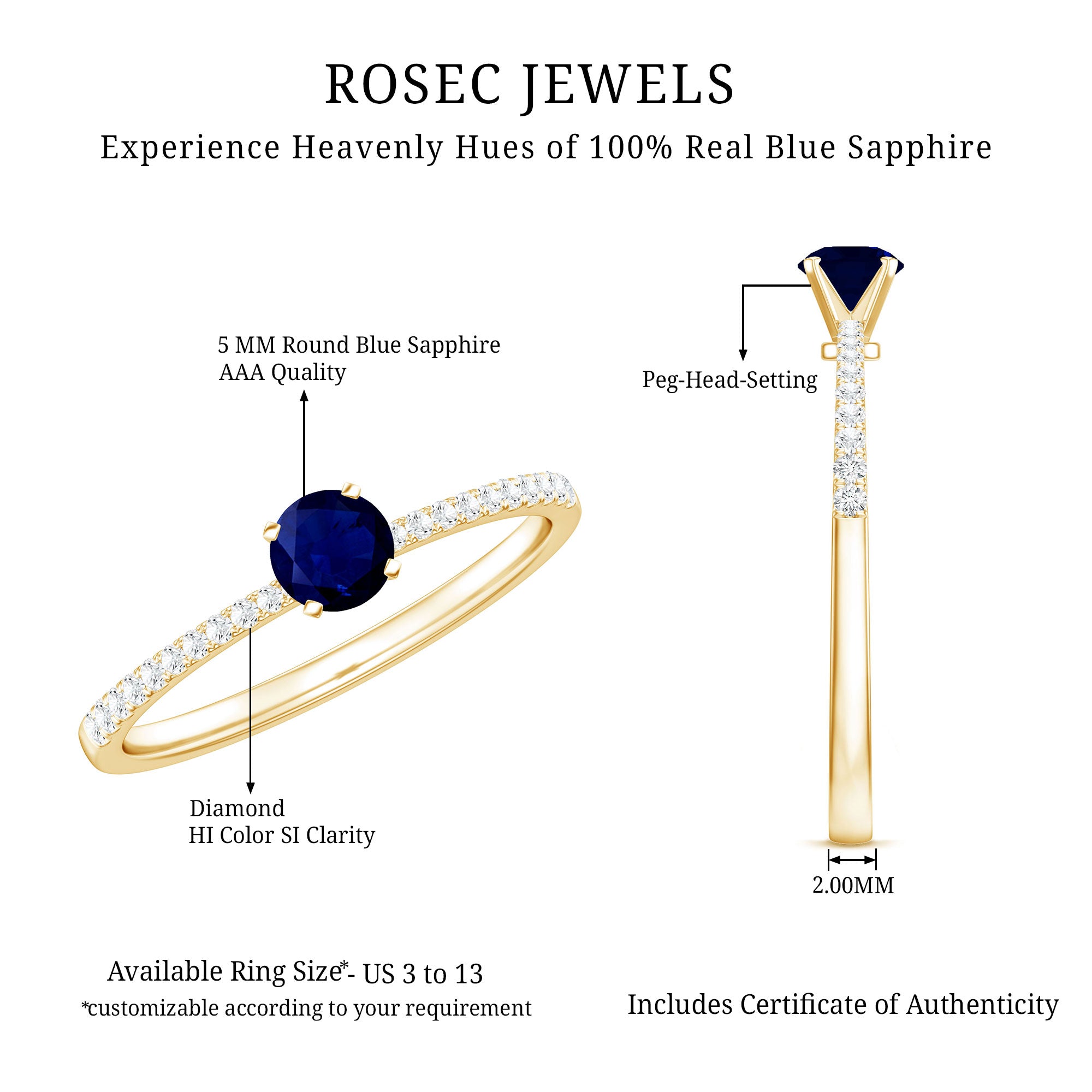 Real 0.9 Carat Blue Sapphire Promise Ring with Diamonds AAA - Rosec Jewels