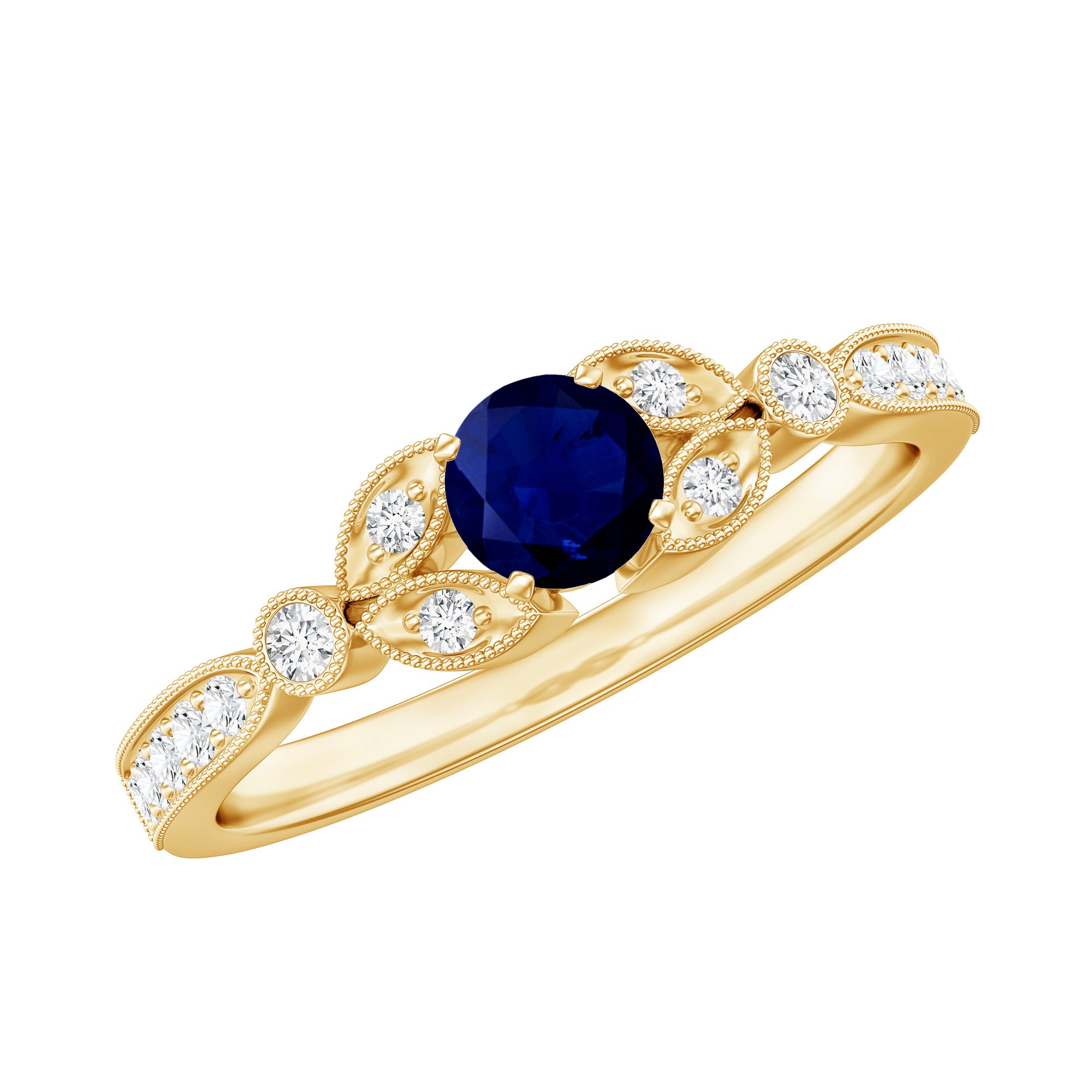 Vintage Inspired Blue Sapphire and Diamond Engagement Ring with Milgrain Details AAA - Rosec Jewels